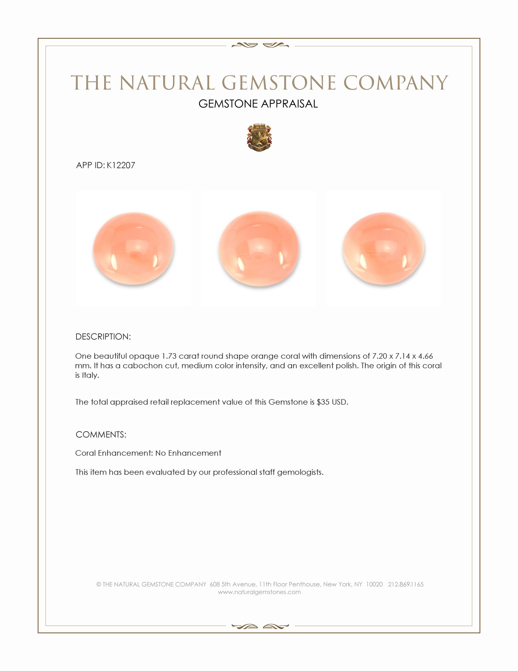 1.73 Ct. Cabochon Coral from Italy