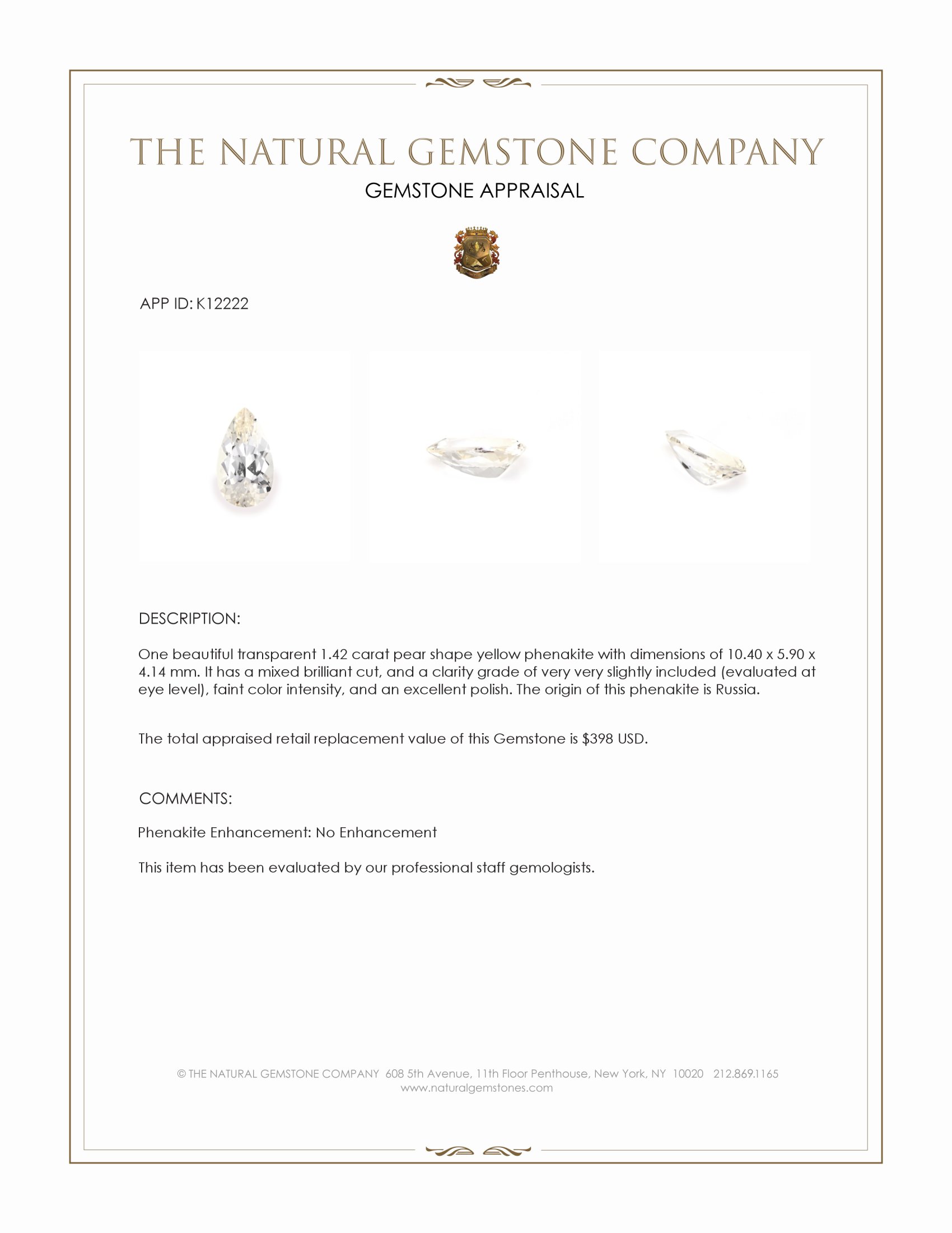 1.42 Ct. Phenakite from Russia