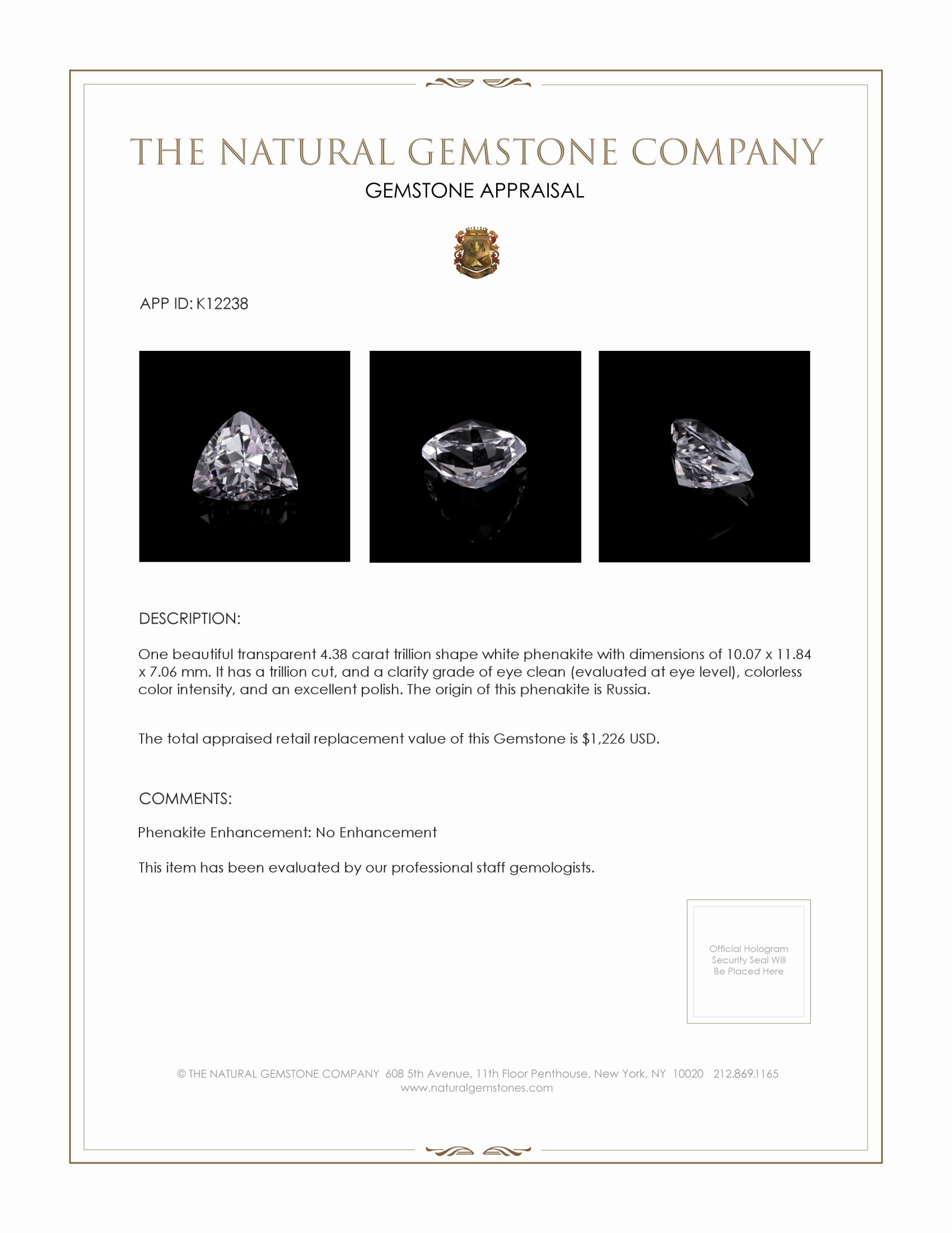 4.38 Ct. Phenakite from Russia