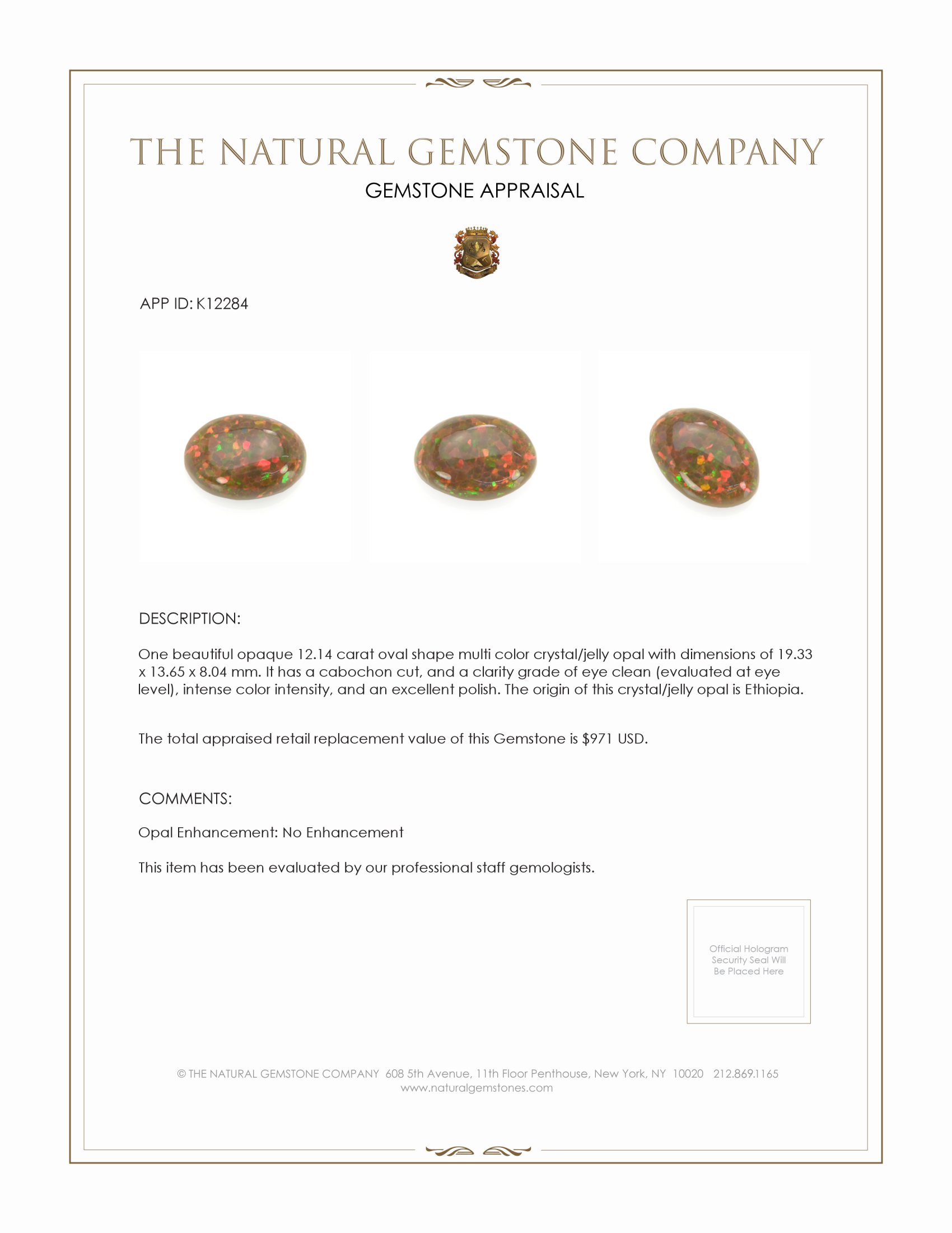 12.14 Ct. Cabochon Crystal/Jelly Opal from Ethiopia