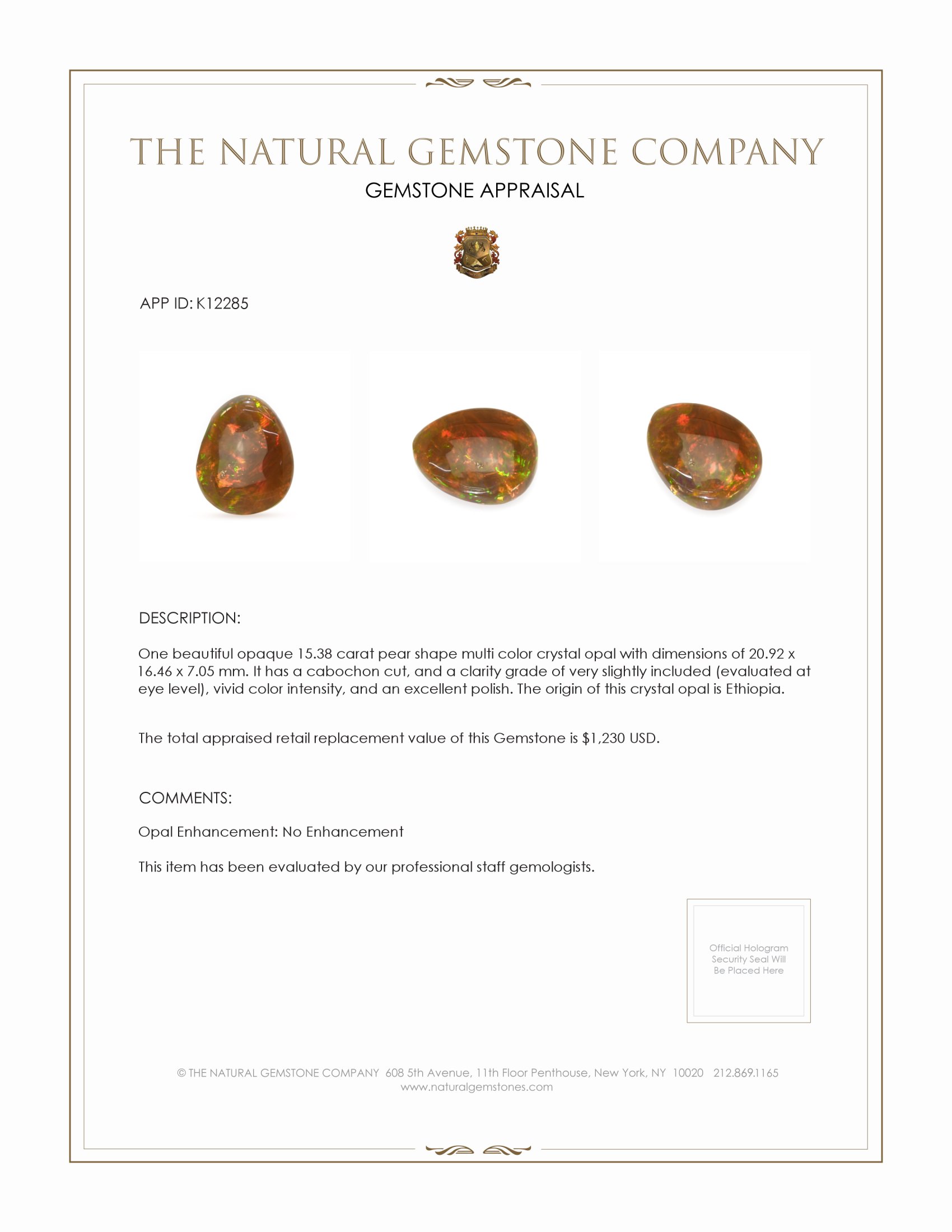 15.38 Ct. Cabochon Crystal/Jelly Opal from Ethiopia