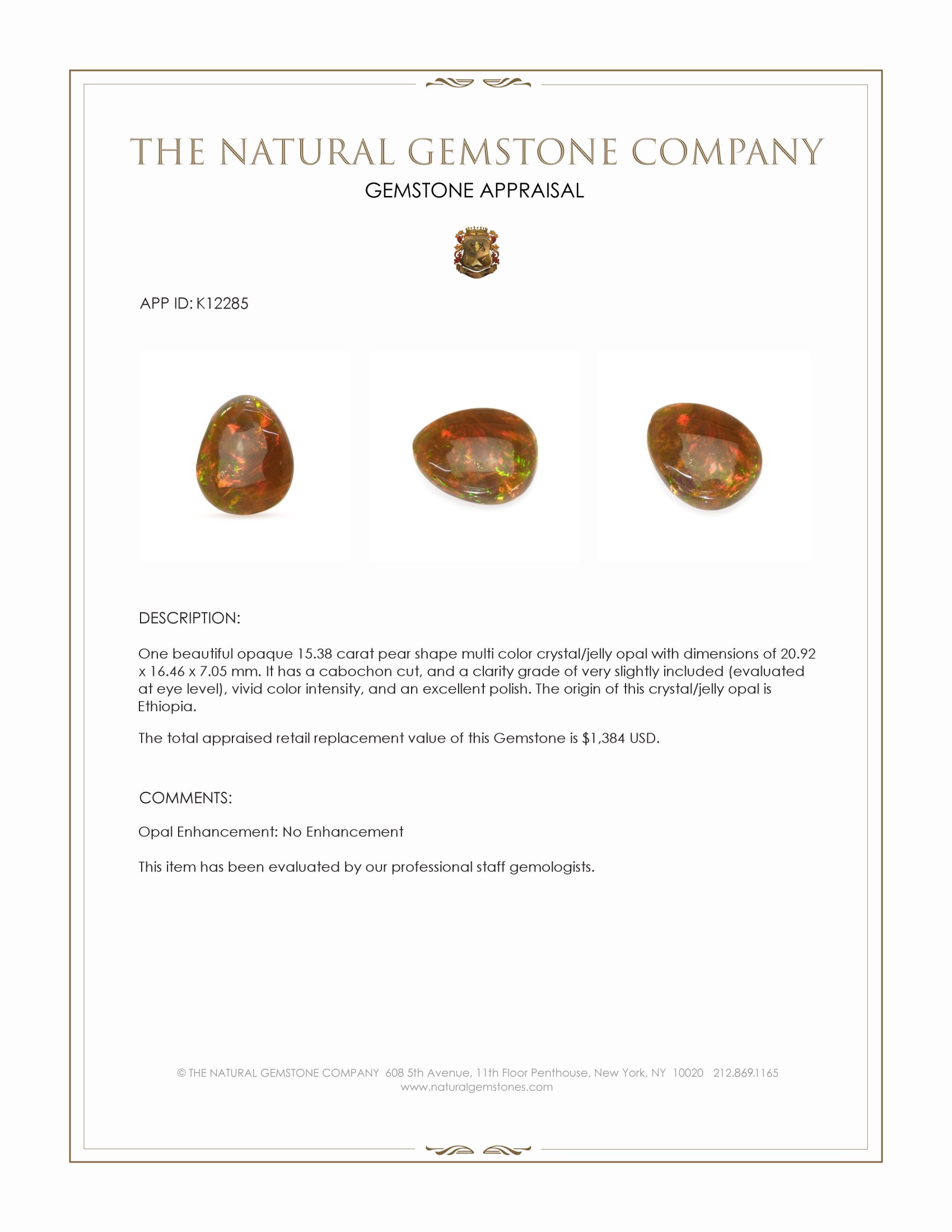 15.38 Ct. Cabochon Crystal/Jelly Opal from Ethiopia