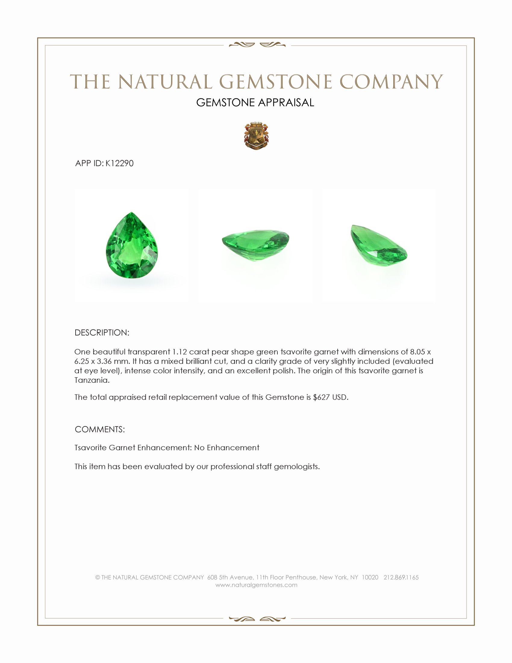 1.12 Ct. Tsavorite Garnet from Tanzania