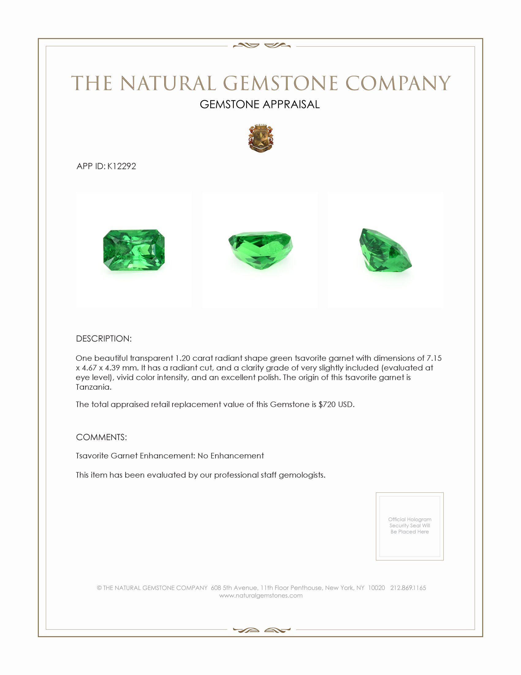 1.20 Ct. Tsavorite Garnet from Tanzania