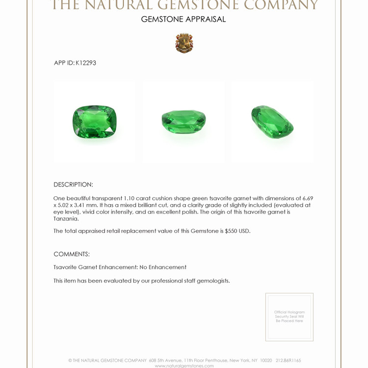 1.10 Ct. Tsavorite Garnet from Tanzania