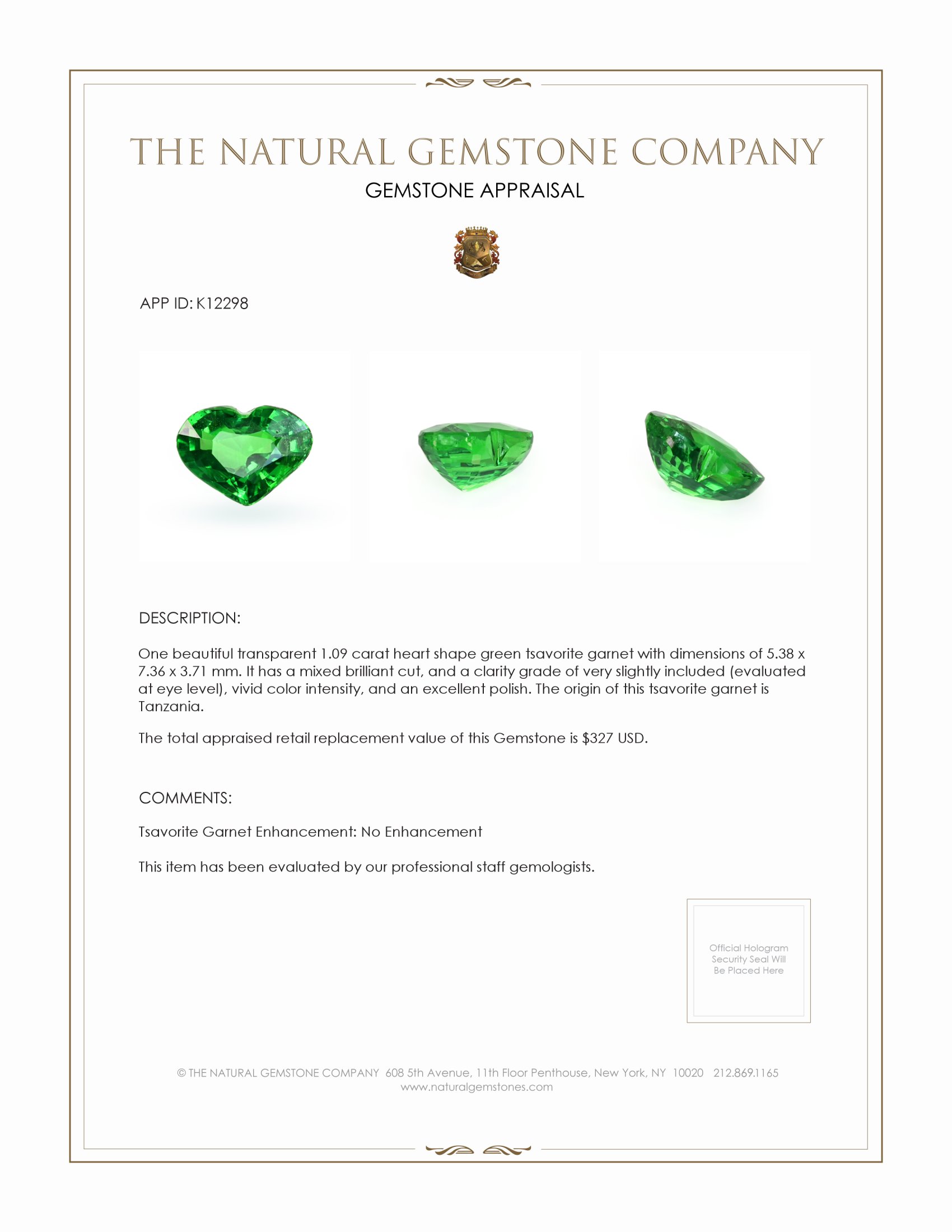1.09 Ct. Tsavorite Garnet from Tanzania