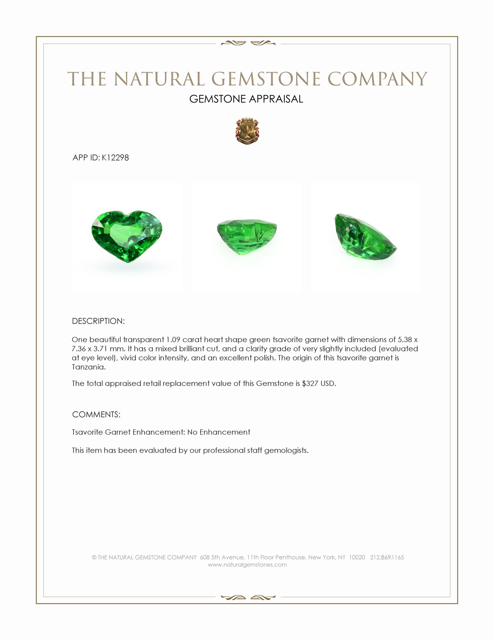 1.09 Ct. Tsavorite Garnet from Tanzania