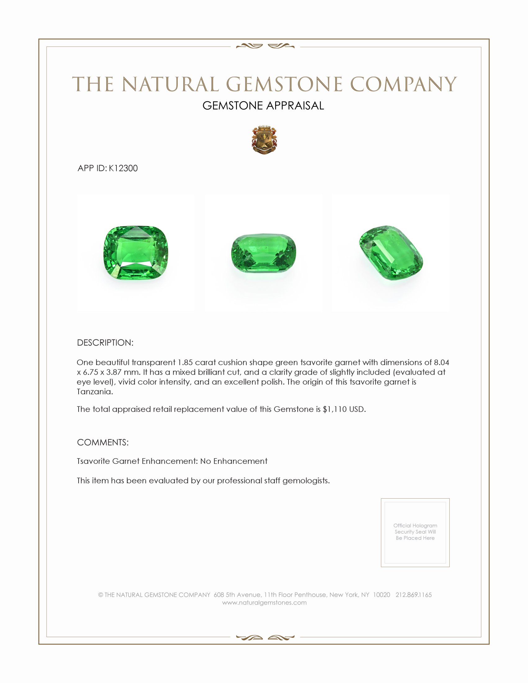 1.85 Ct. Tsavorite Garnet from Tanzania