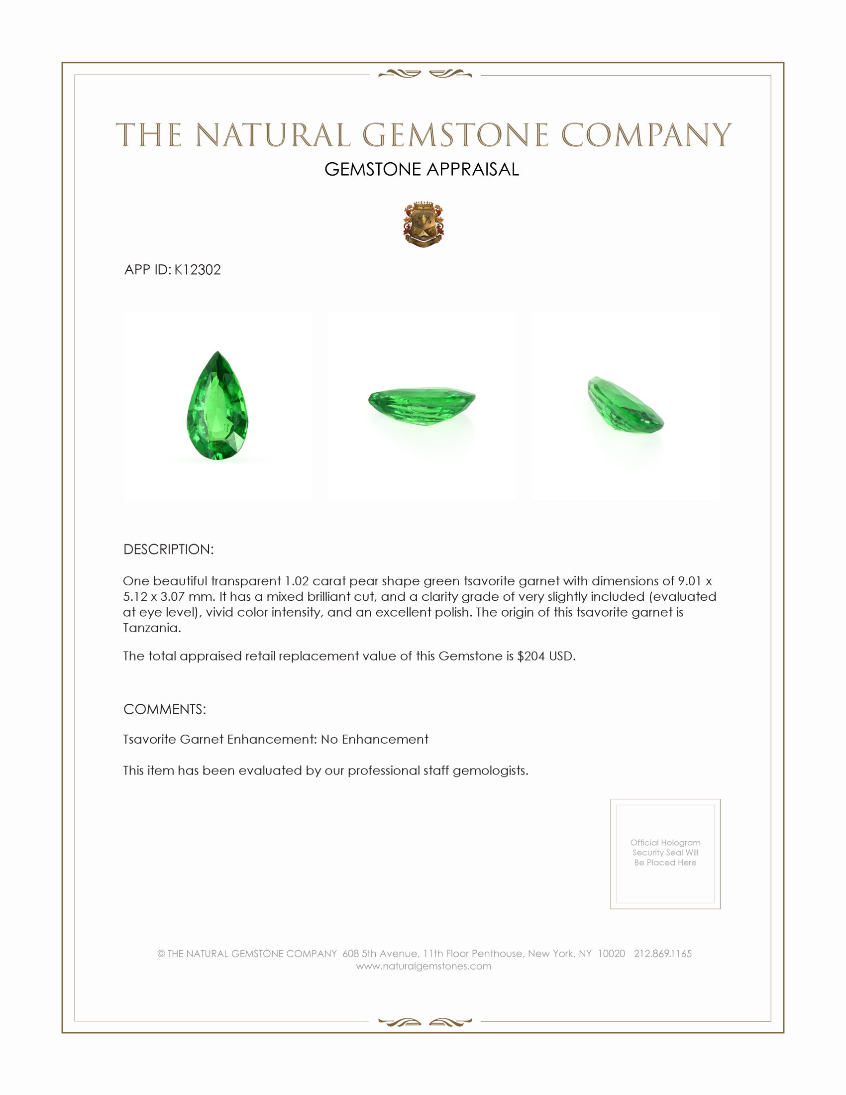 1.02 Ct. Tsavorite Garnet from Tanzania