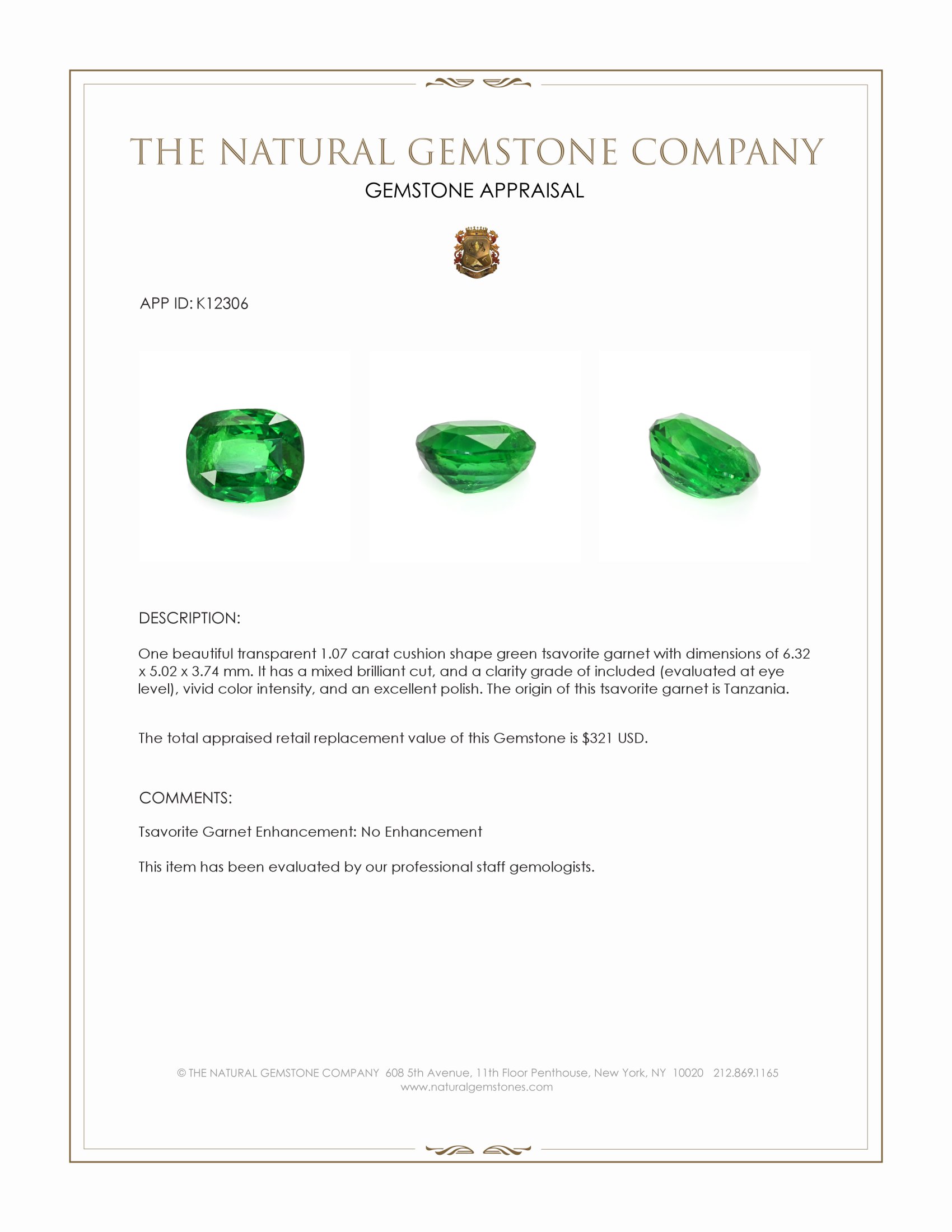 1.07 Ct. Tsavorite Garnet from Tanzania