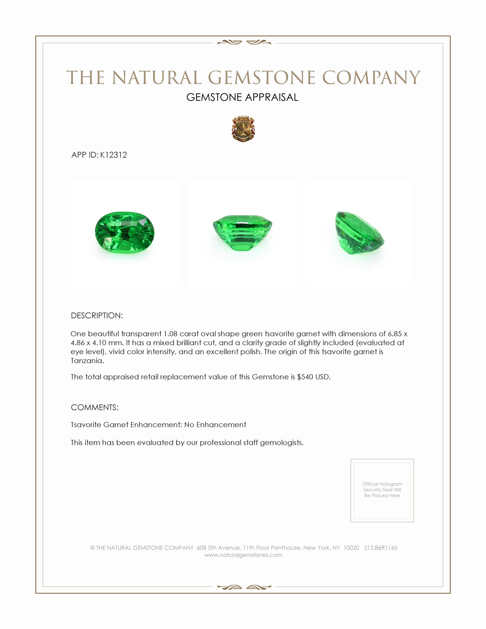 1.08 Ct. Tsavorite Garnet from Tanzania