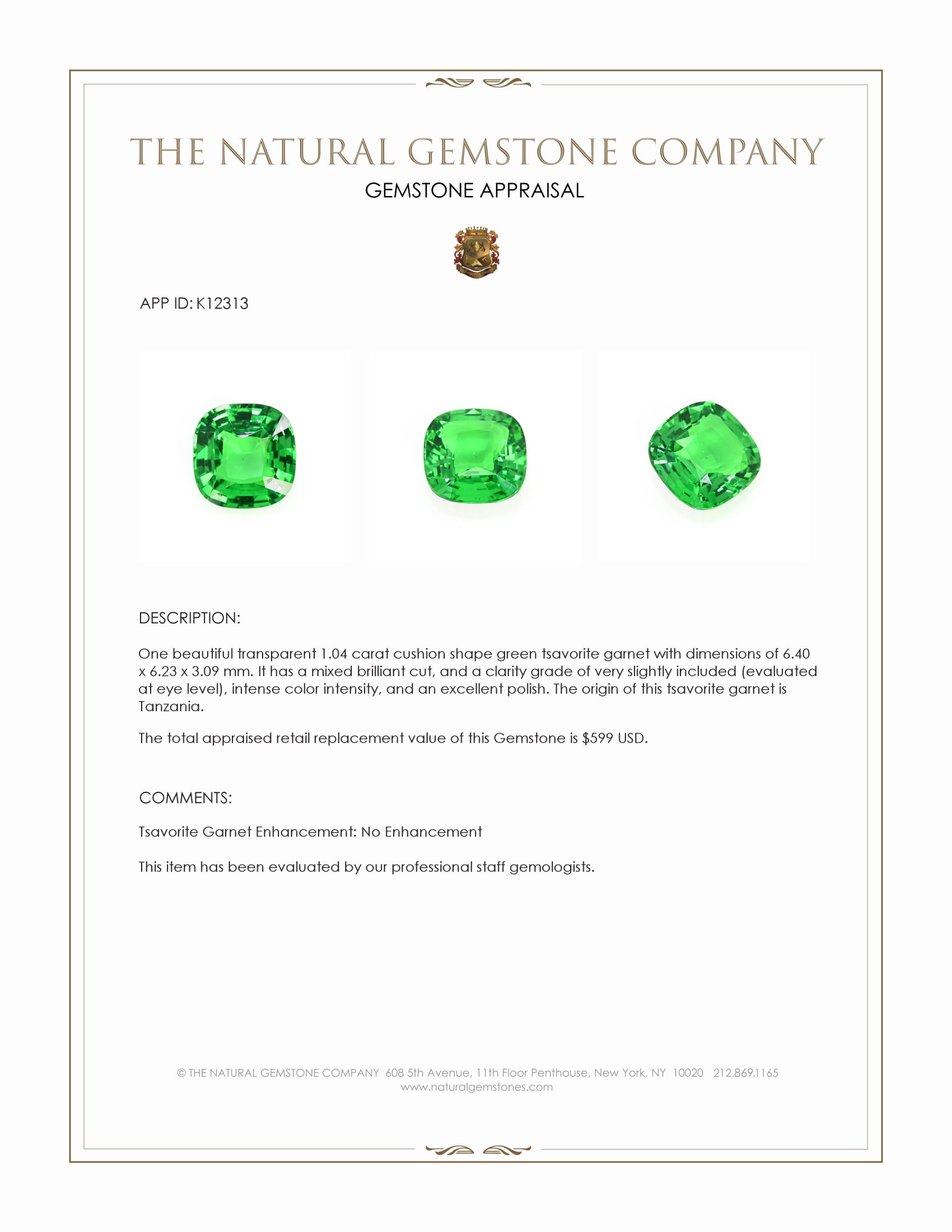 1.04 Ct. Tsavorite Garnet from Tanzania