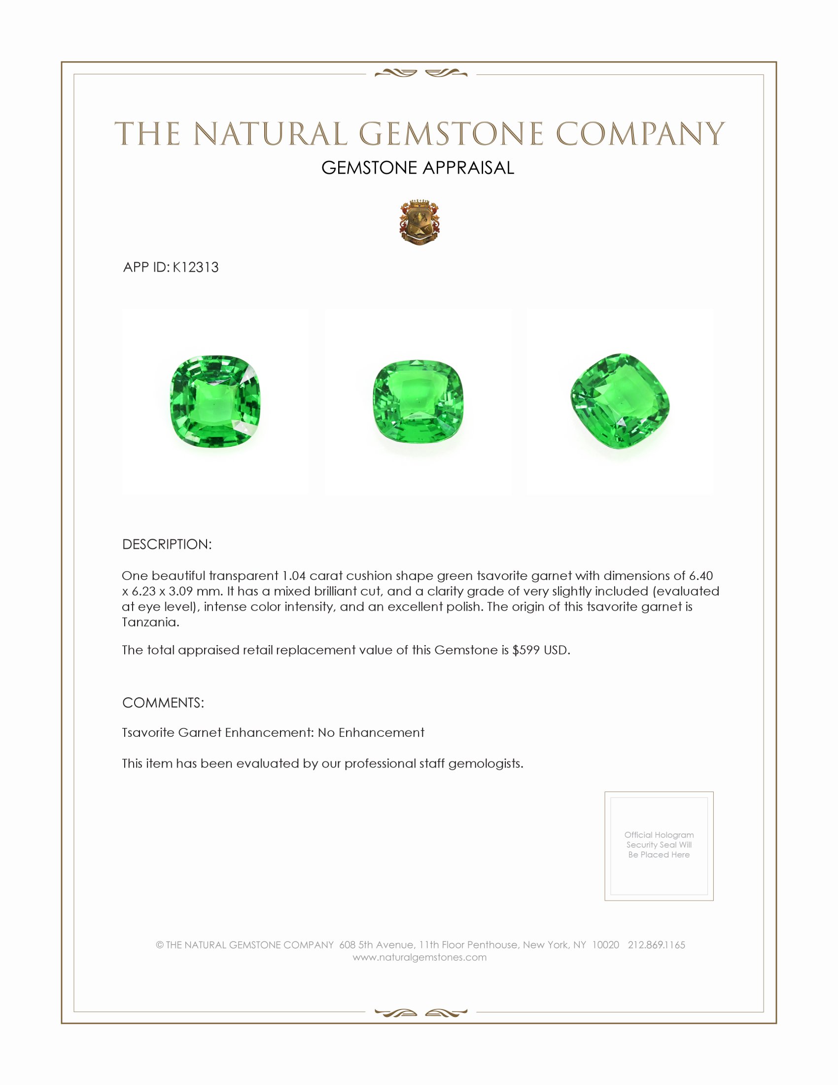 1.04 Ct. Tsavorite Garnet from Tanzania