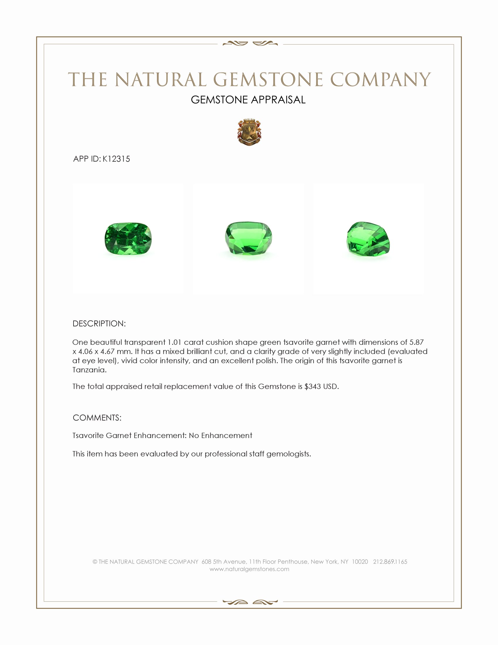 1.01 Ct. Tsavorite Garnet from Tanzania