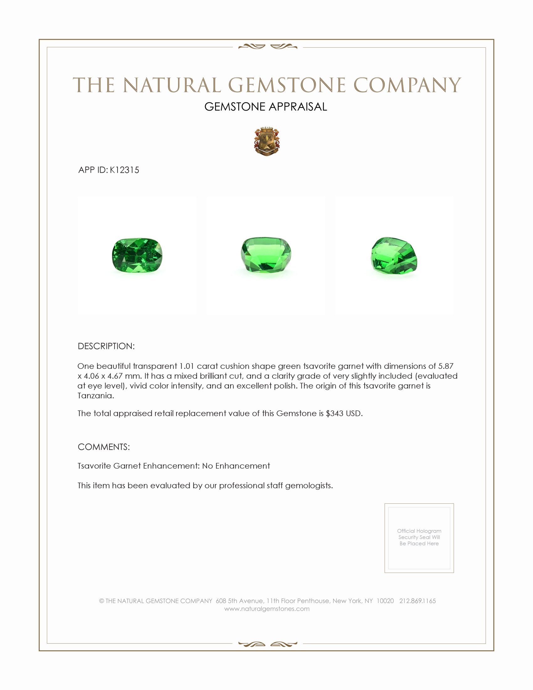 1.01 Ct. Tsavorite Garnet from Tanzania