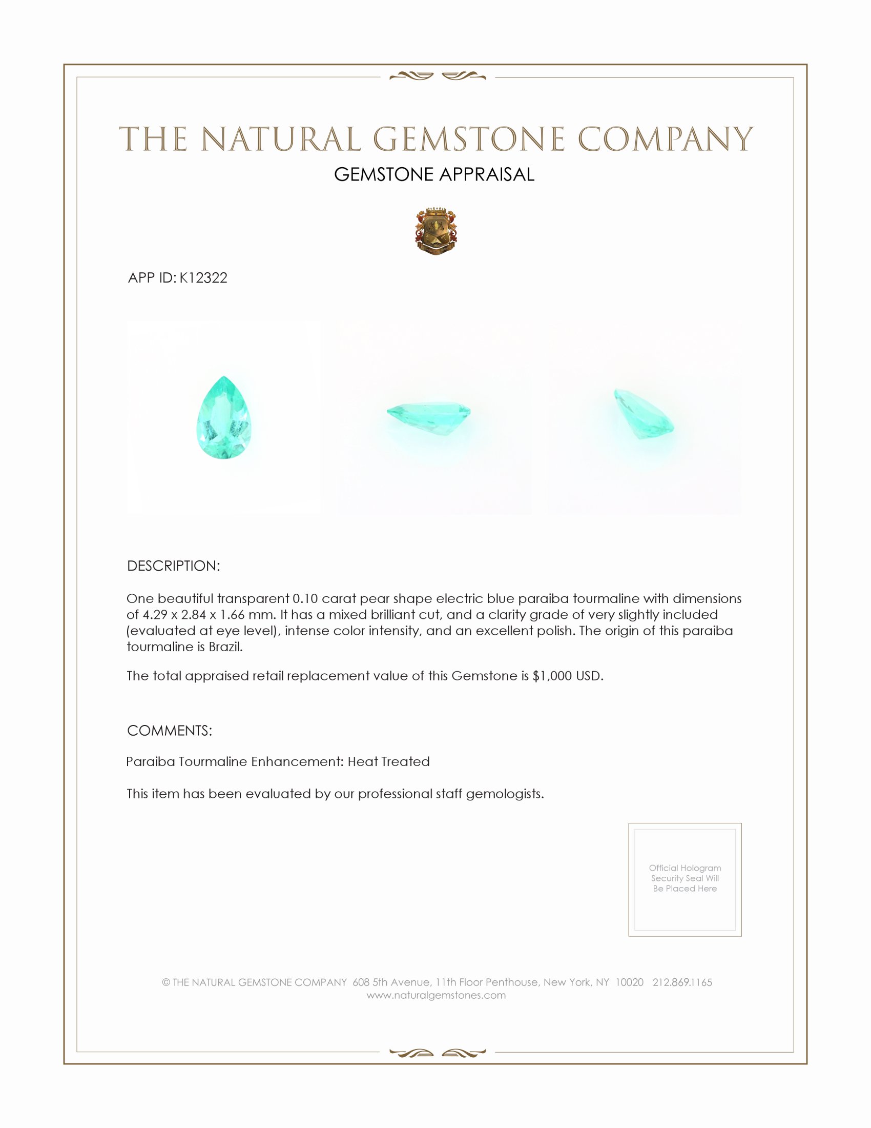 0.10 Ct. Paraiba Tourmaline from Brazil