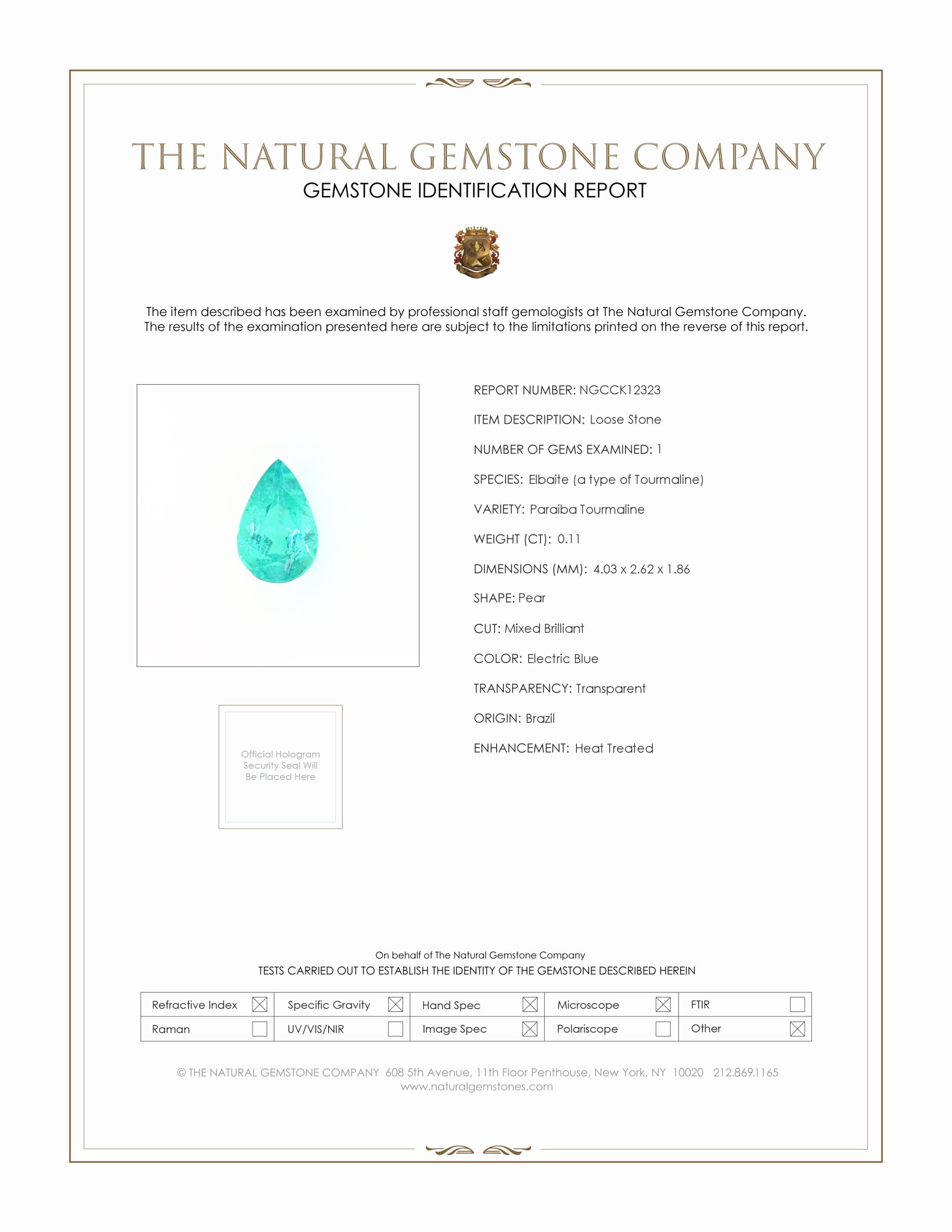 0.11 Ct. Paraiba Tourmaline from Brazil