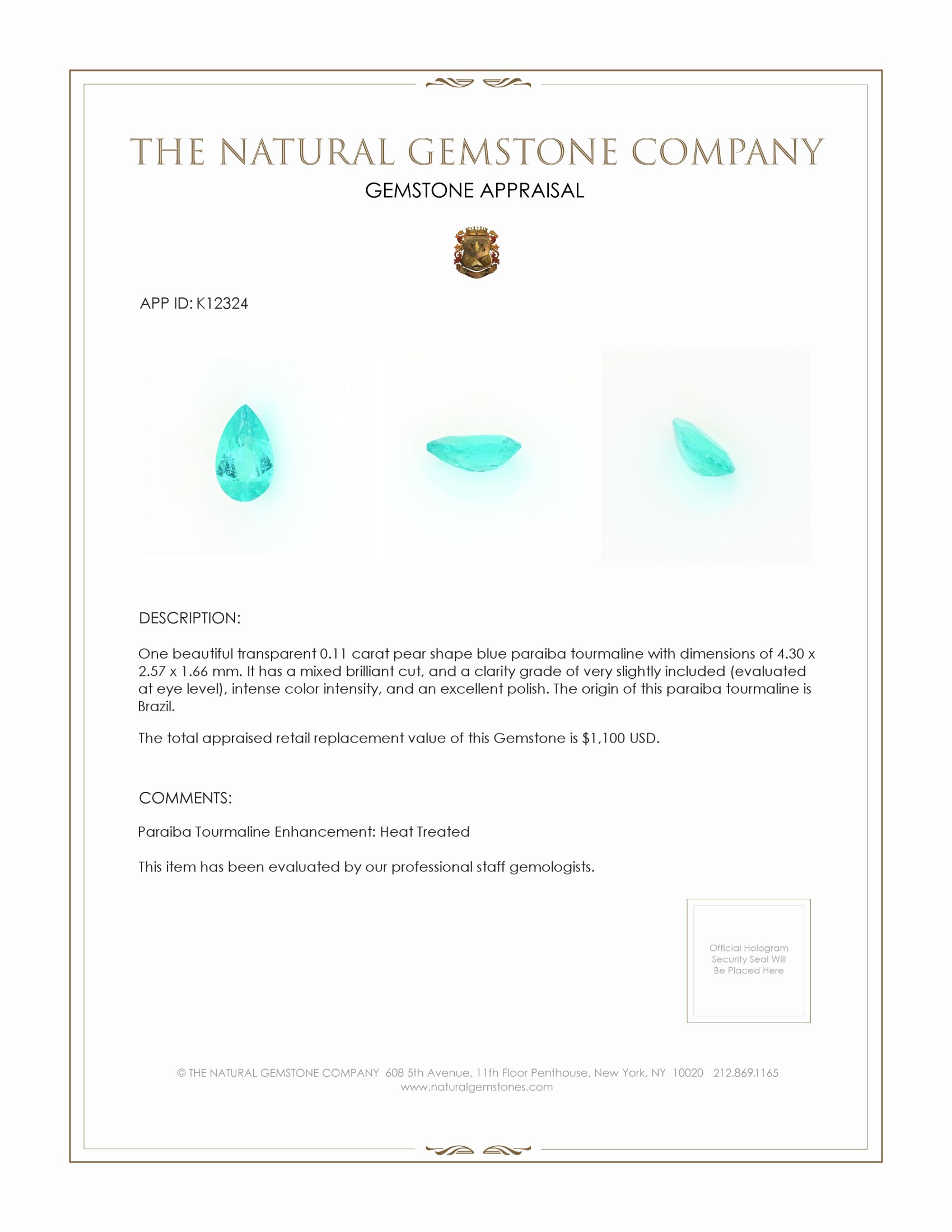 0.11 Ct. Paraiba Tourmaline from Brazil