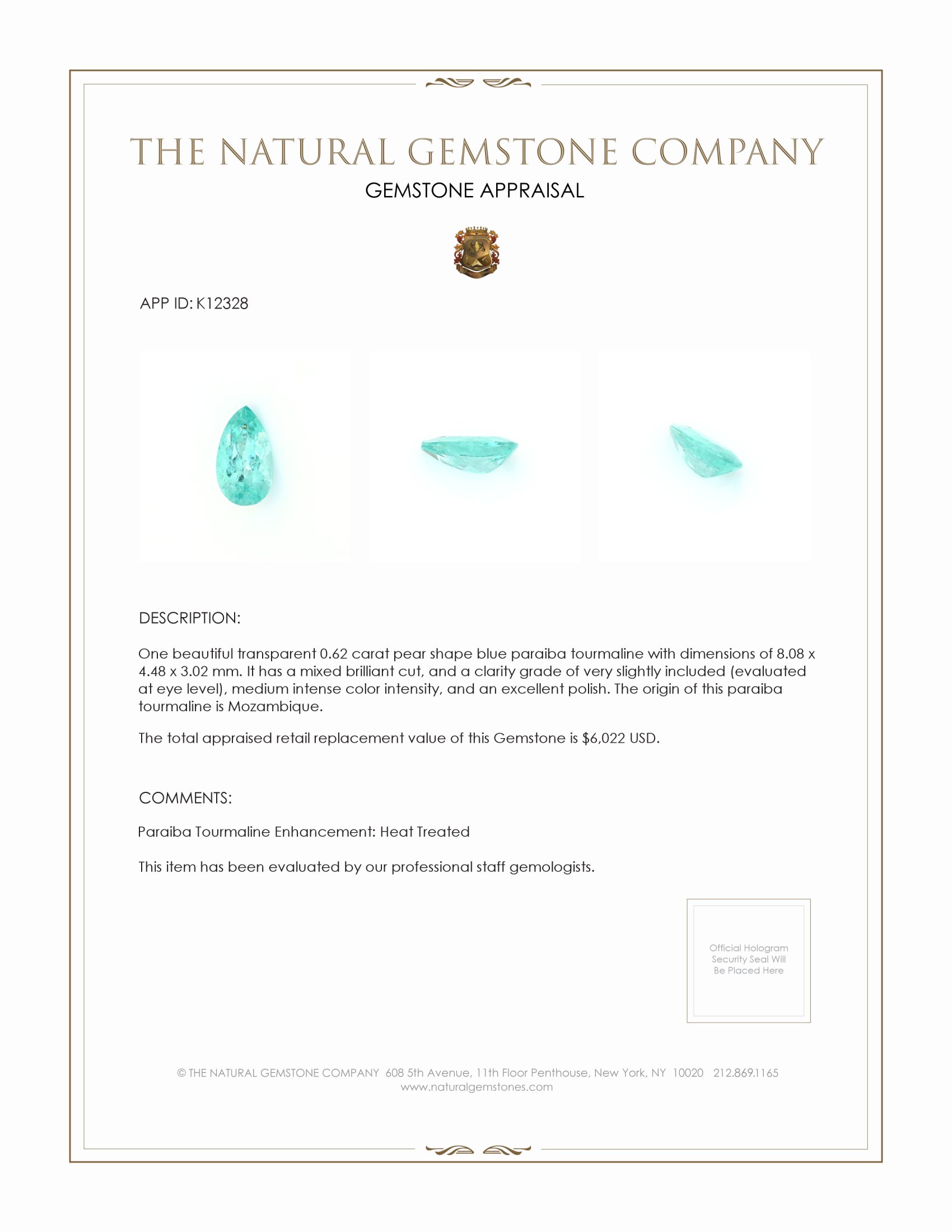 0.62 Ct. Paraiba Tourmaline from Mozambique