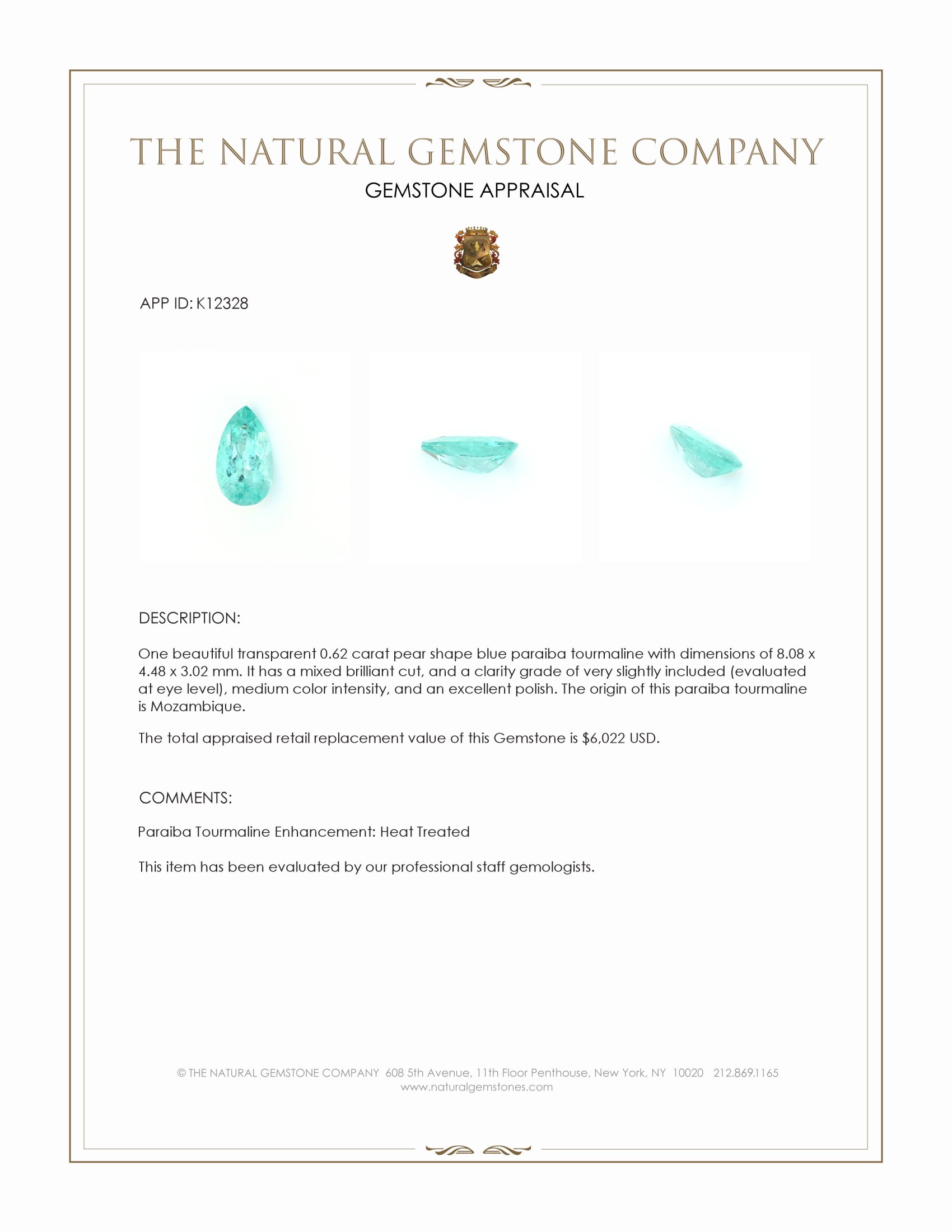 0.62 Ct. Blue Paraiba Tourmaline from Mozambique