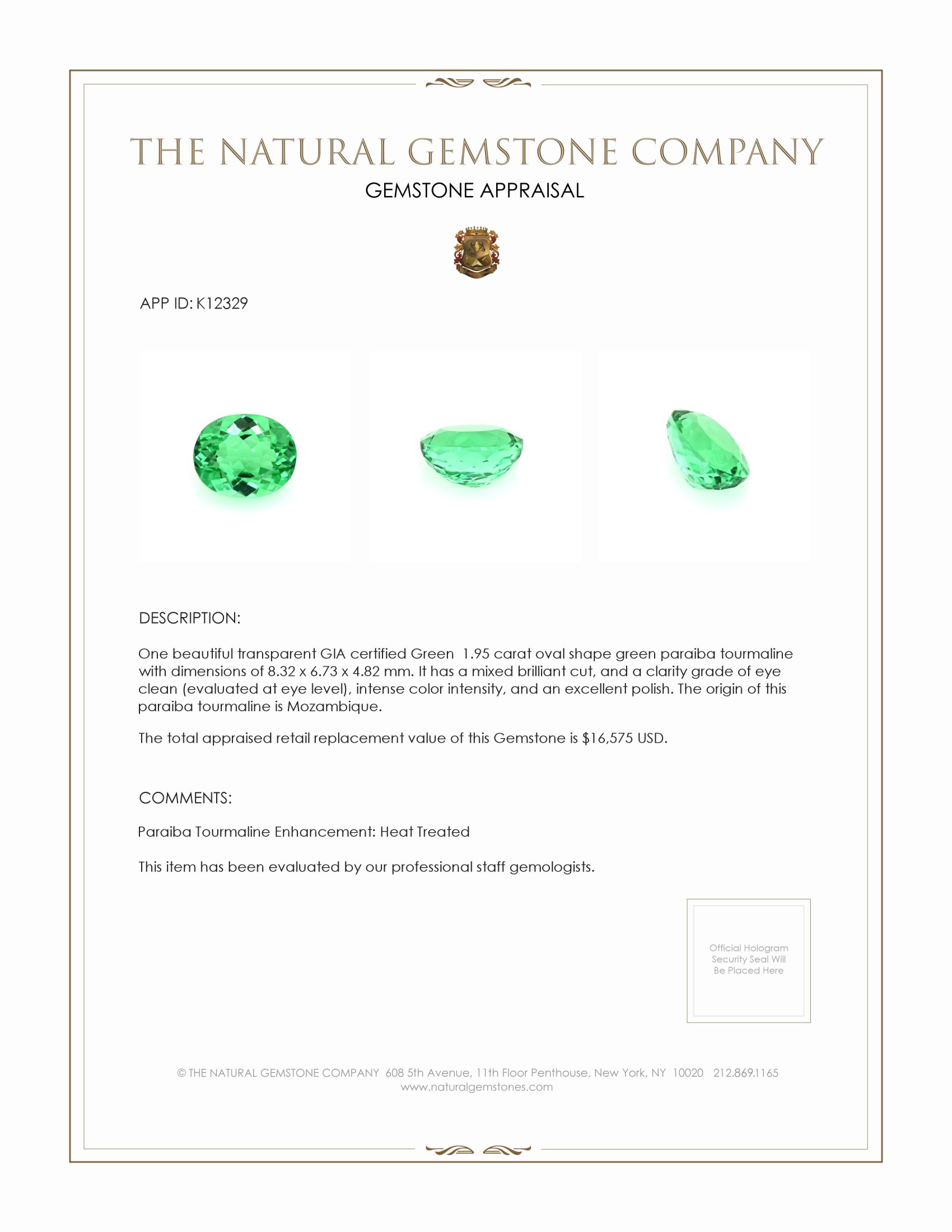 1.95 Ct. Green Paraiba Tourmaline from Mozambique