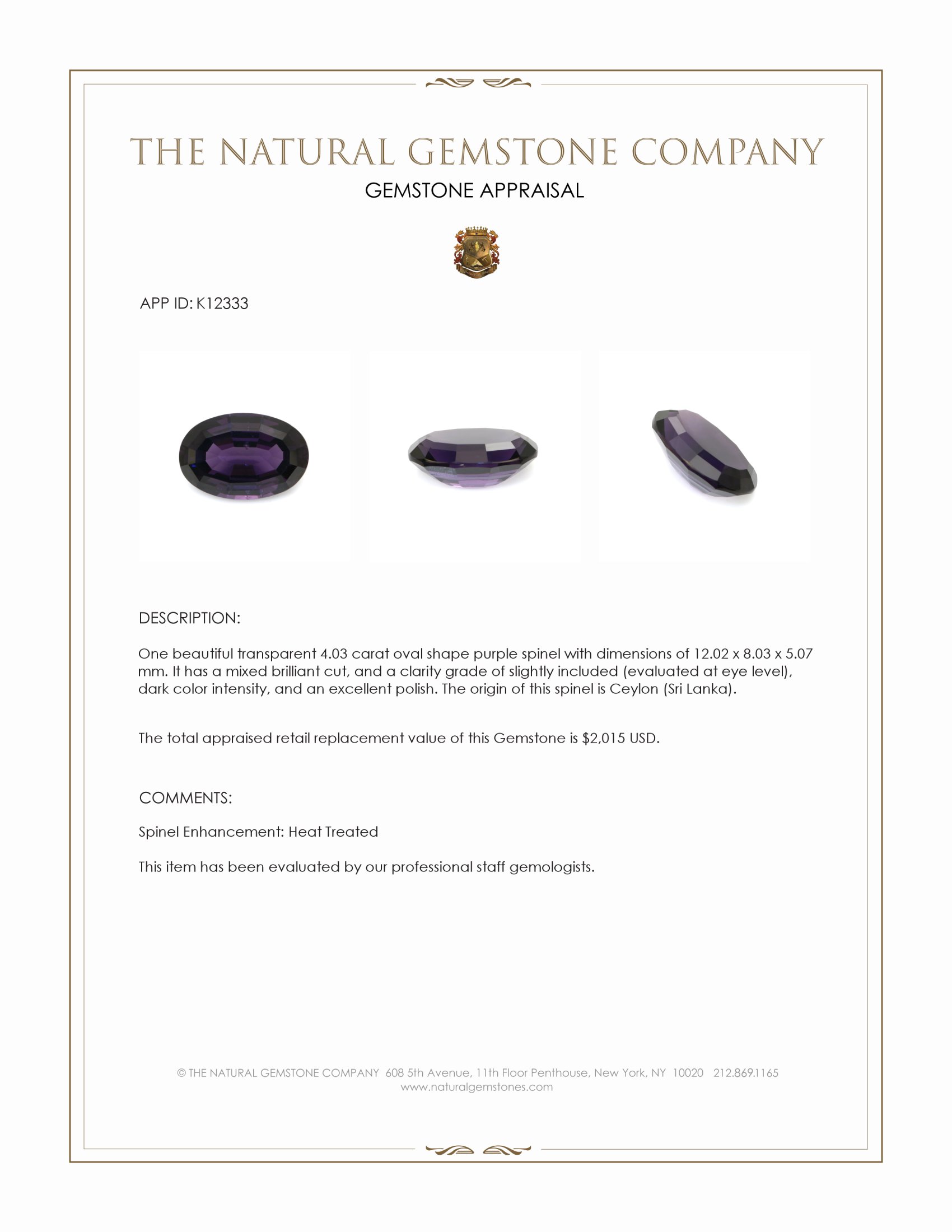 4.03 Ct. Purple Spinel from Ceylon (Sri Lanka)