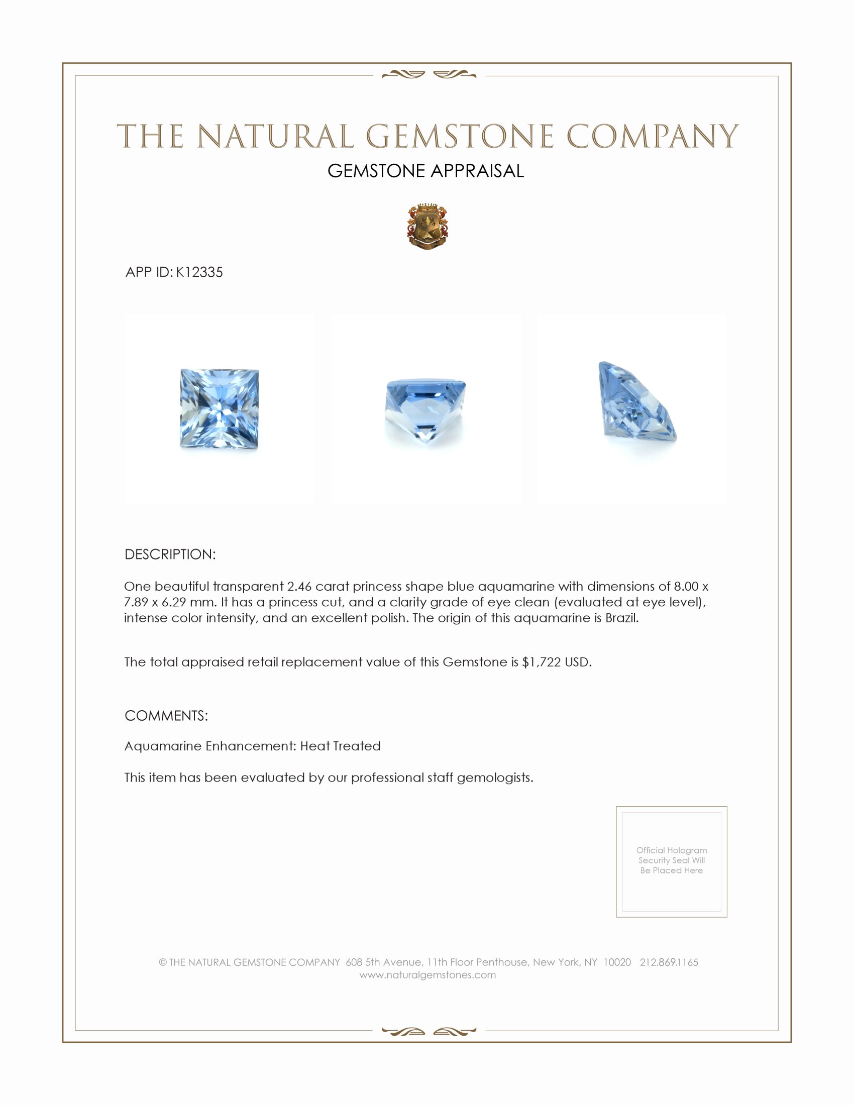 2.46 Ct. Aquamarine from Brazil