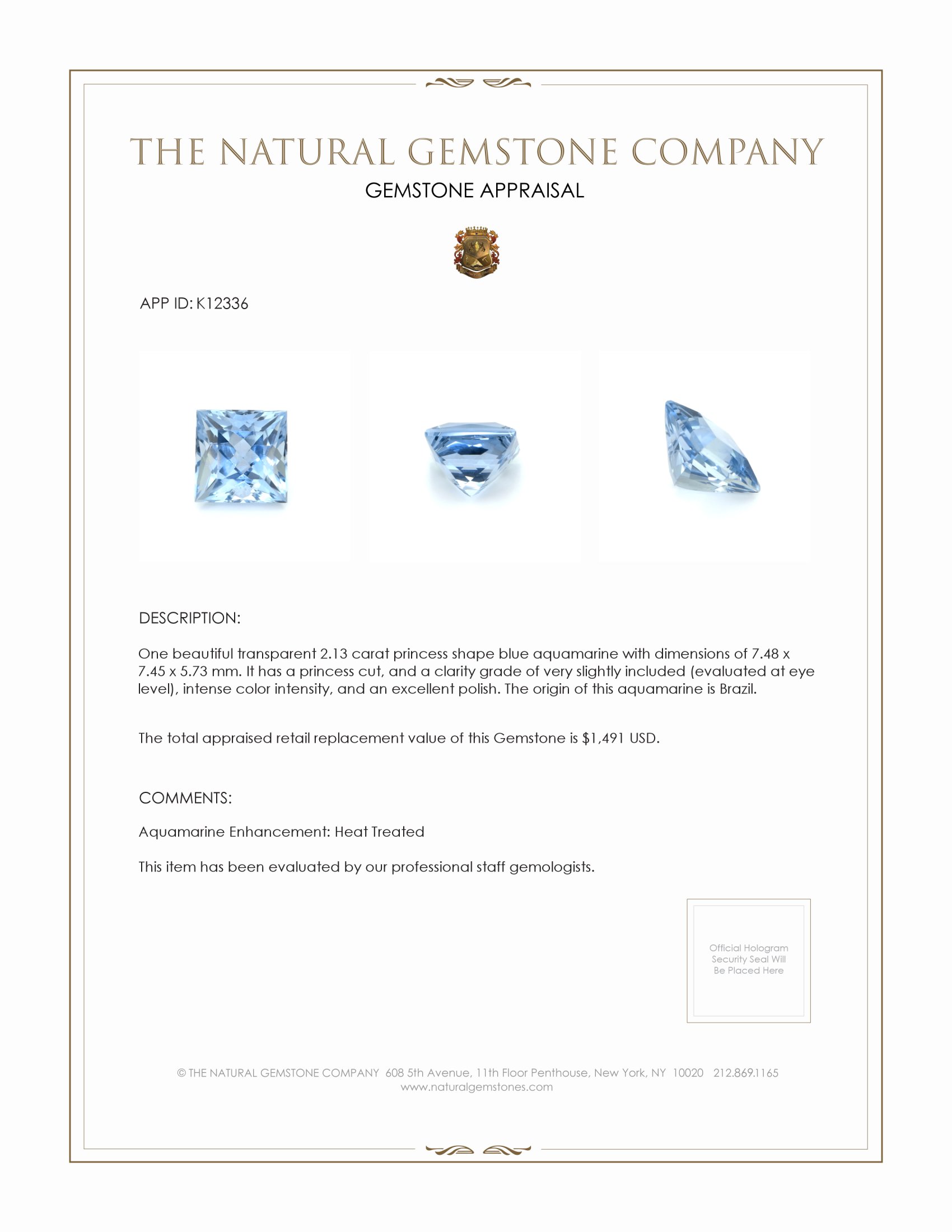 2.13 Ct. Aquamarine from Brazil