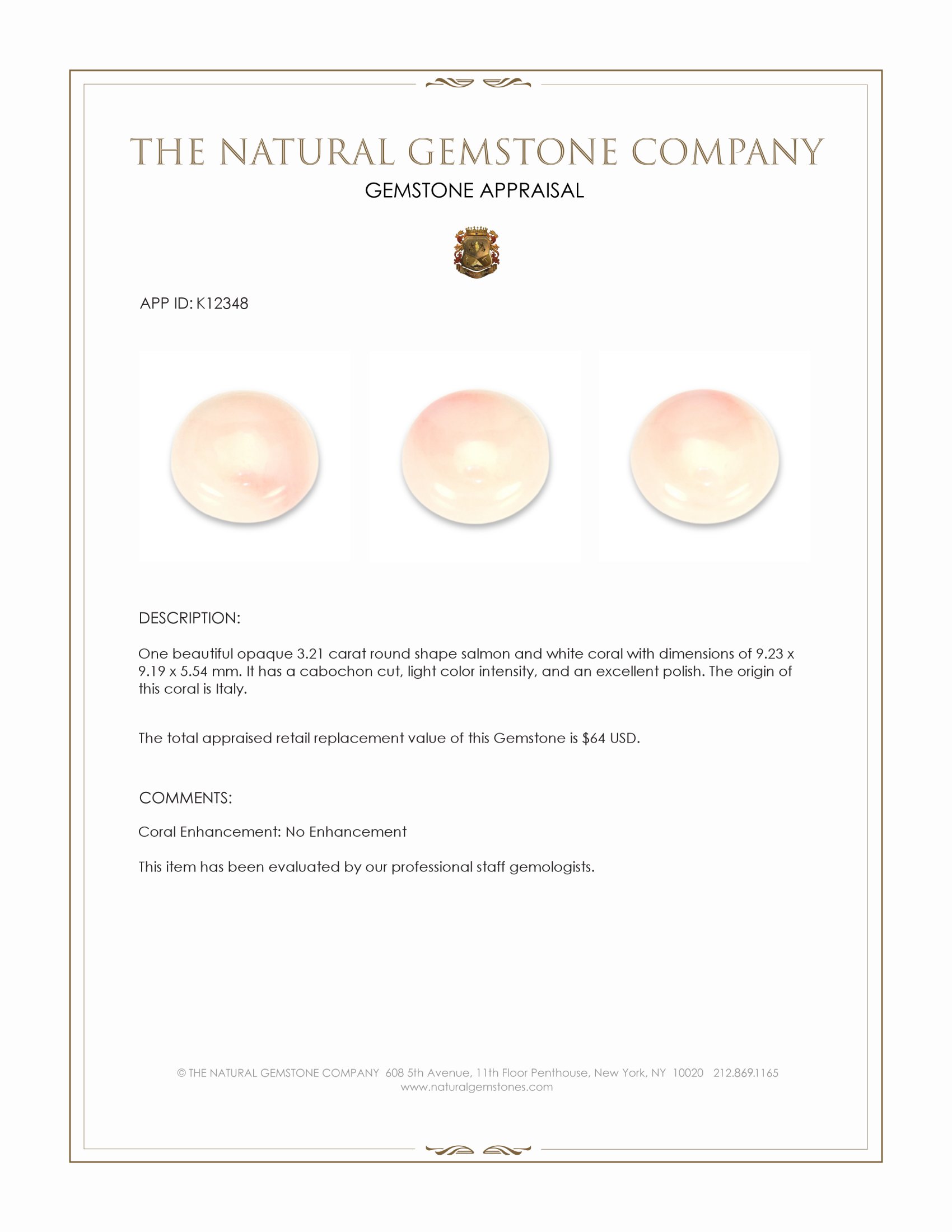 3.21 Ct. Cabochon Coral from Italy