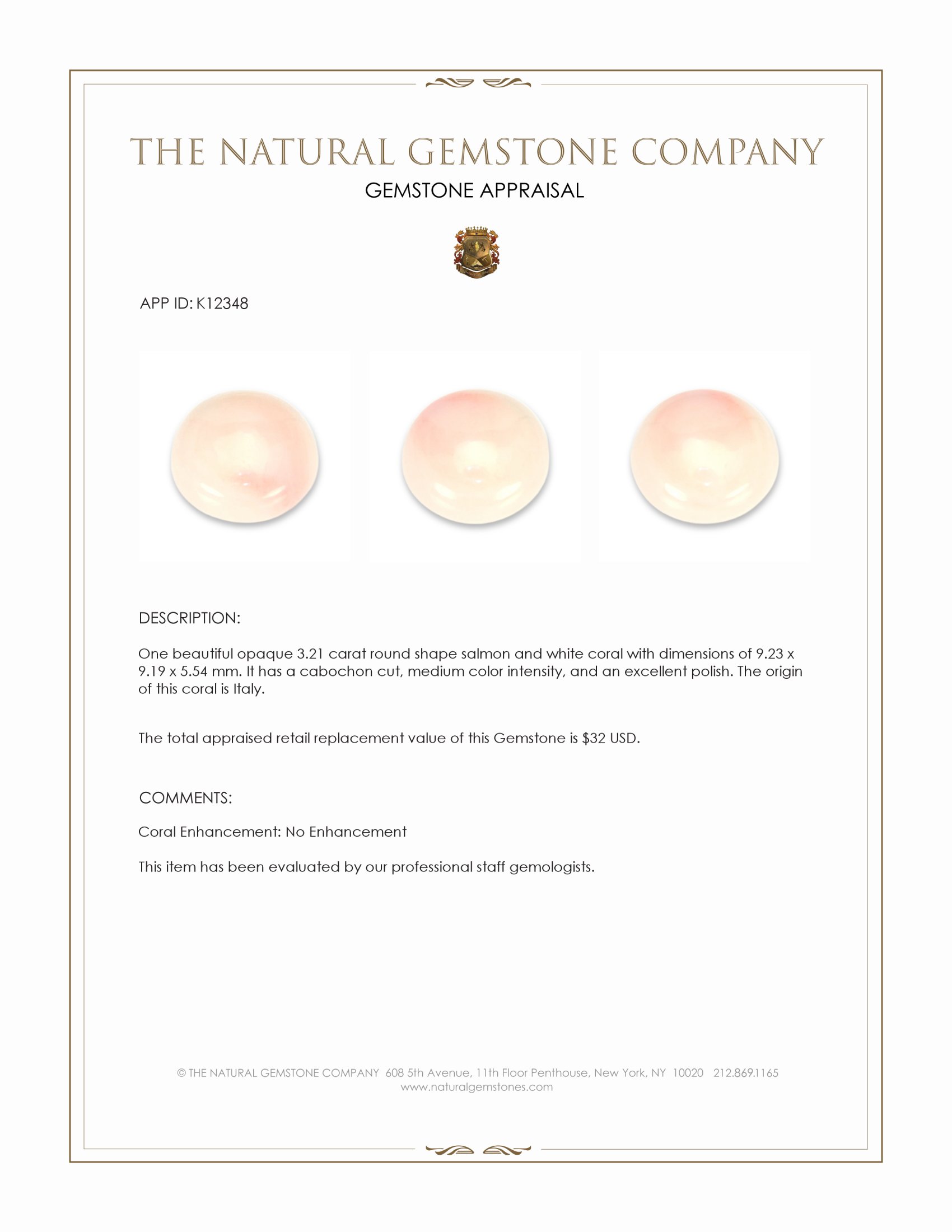 3.21 Ct. Cabochon Coral from Italy