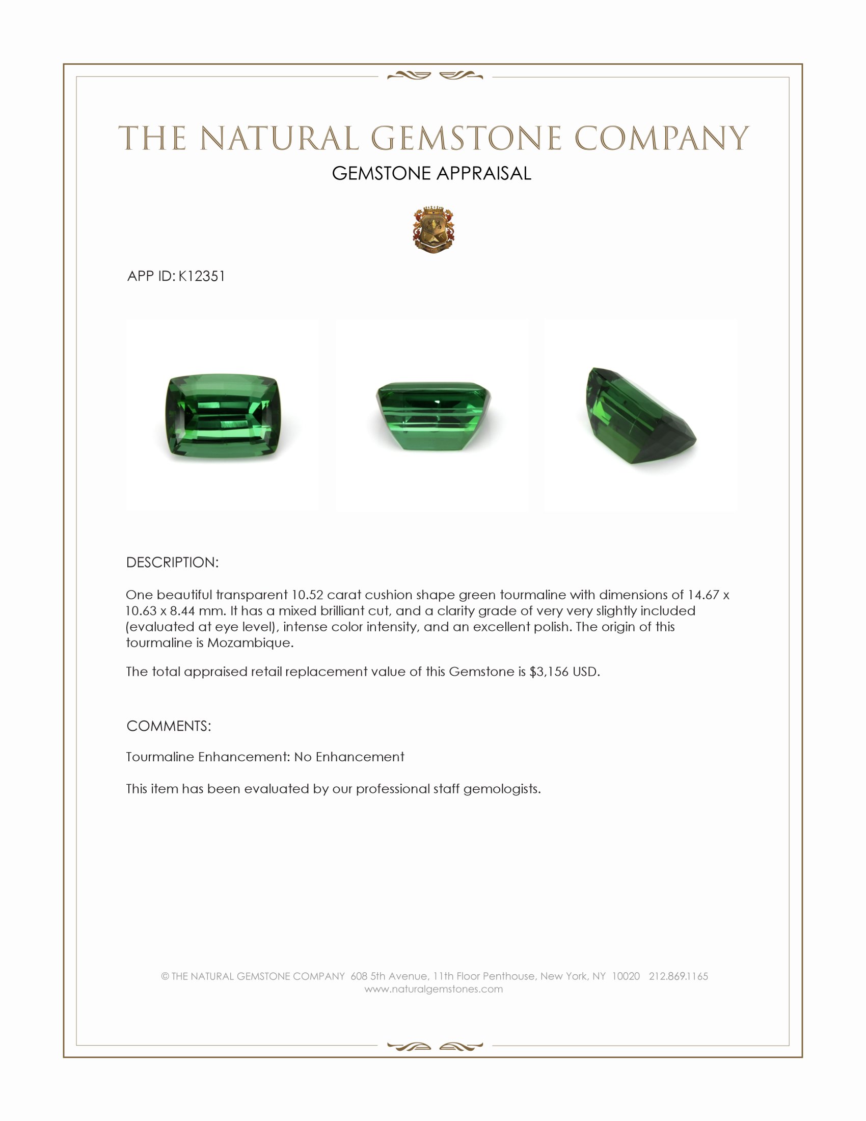 10.52 Ct. Green Tourmaline from Mozambique