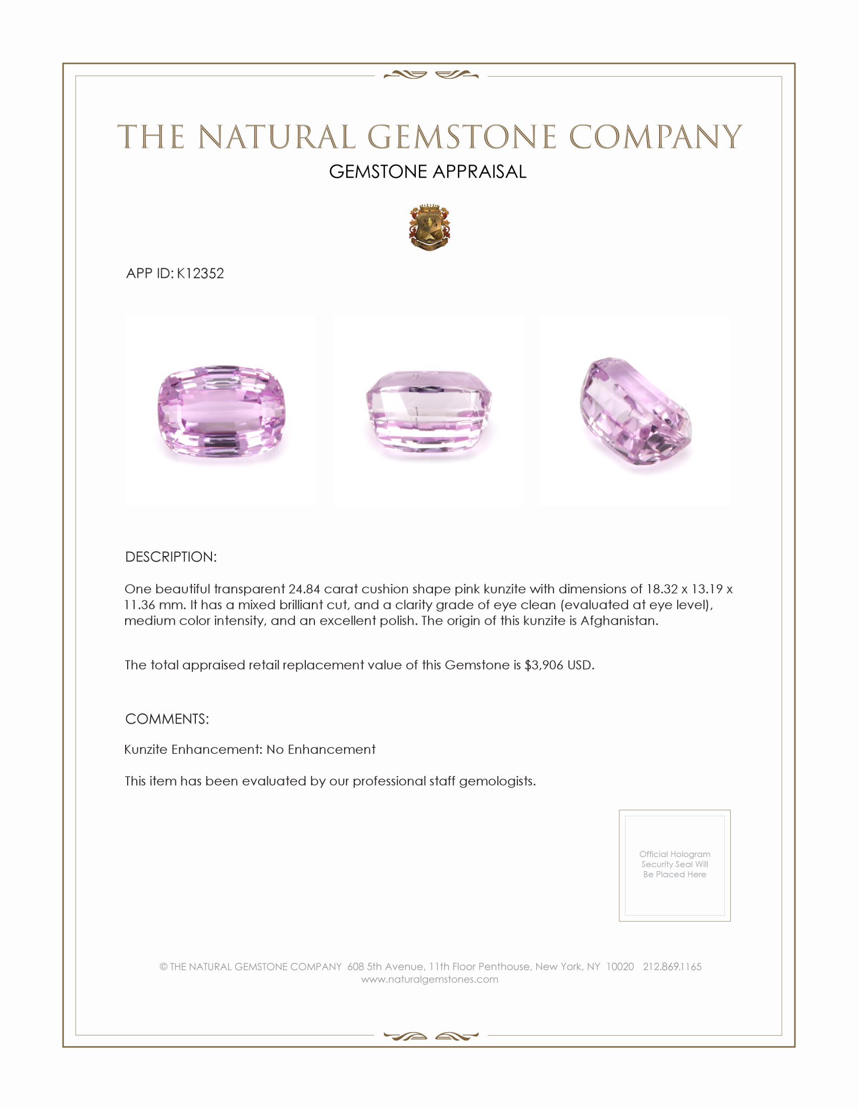 24.84 Ct. Kunzite from Afghanistan