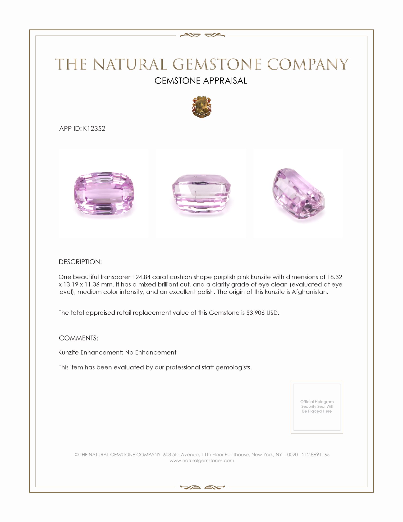 24.84 Ct. Kunzite from Afghanistan