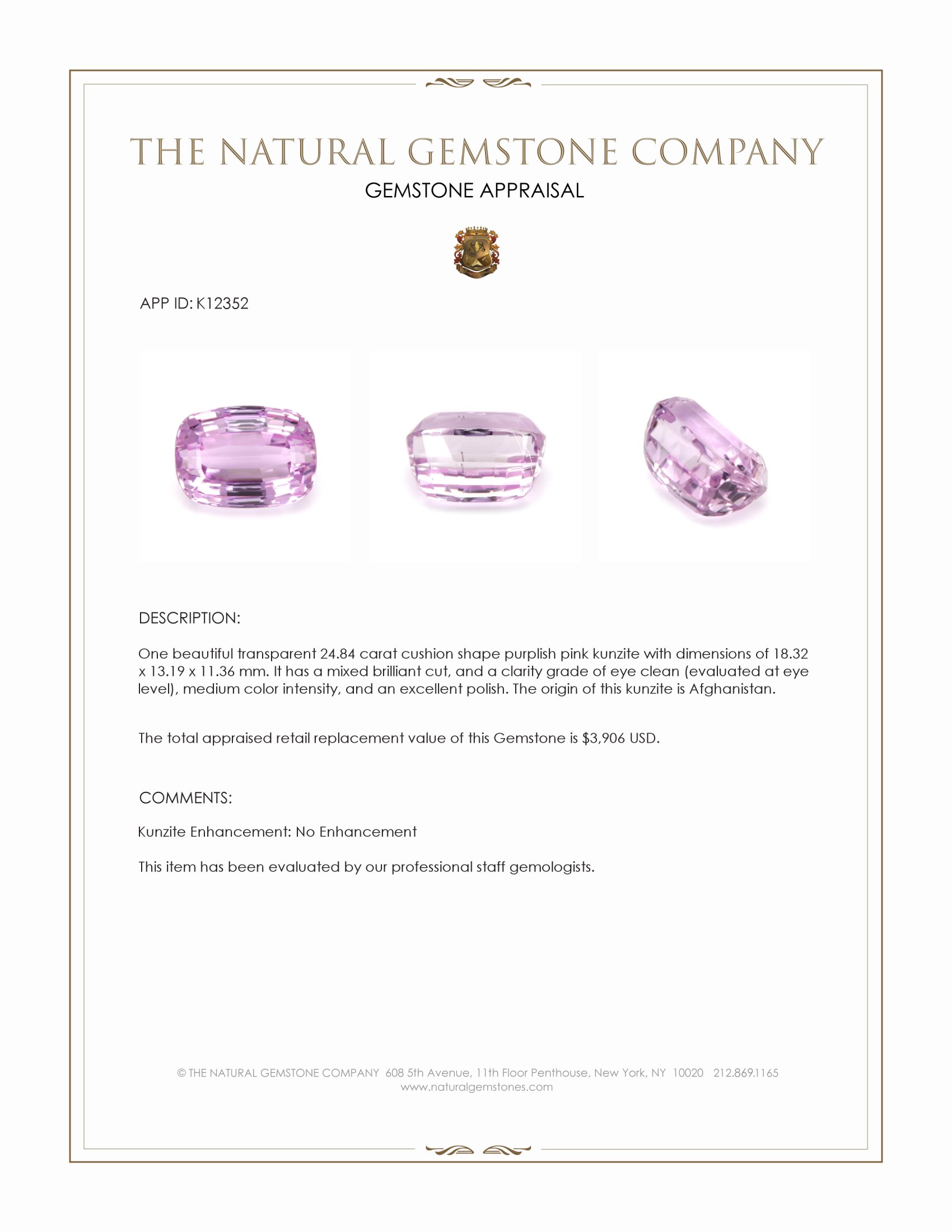24.84 Ct. Purplish Pink Kunzite from Afghanistan