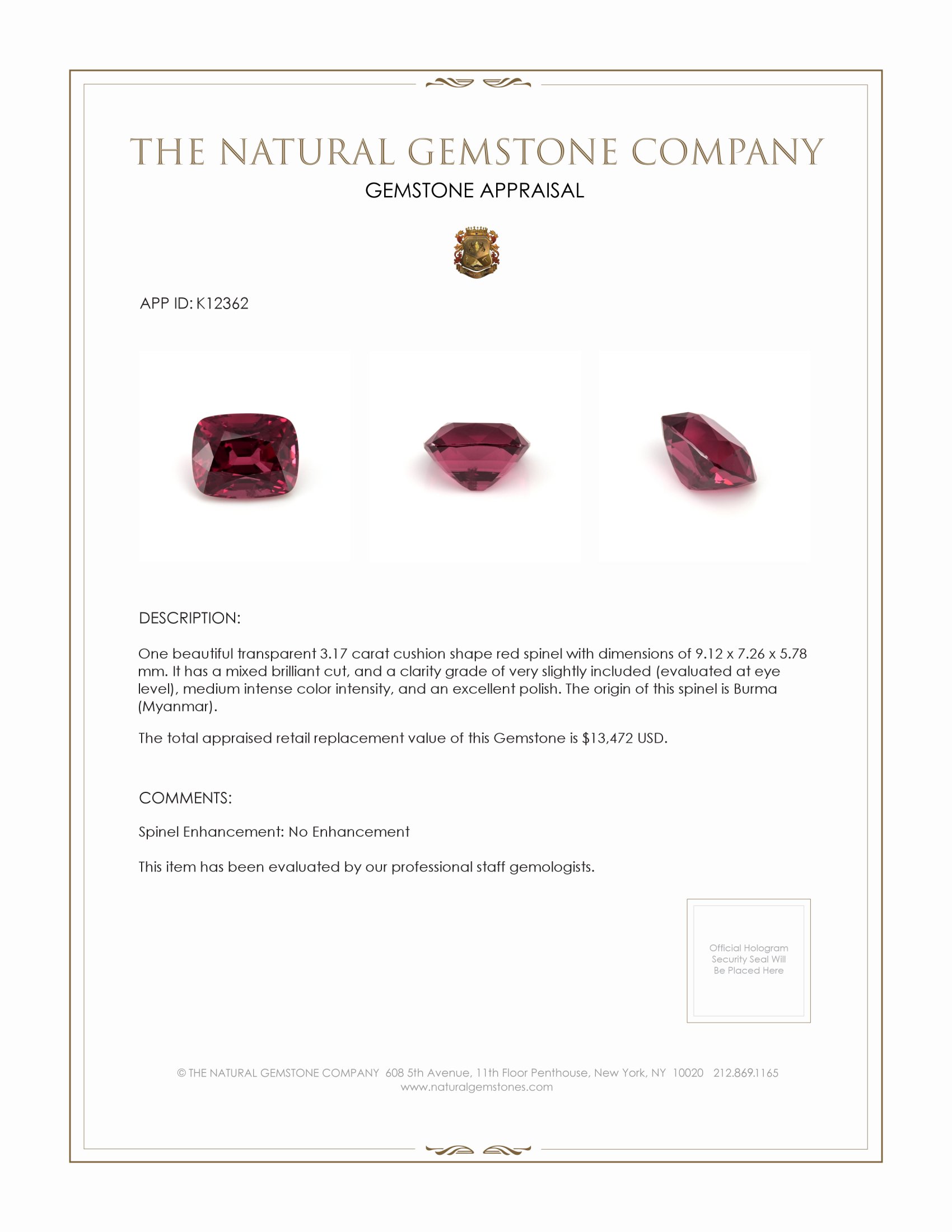 3.17 Ct. Spinel from Burma (Myanmar)