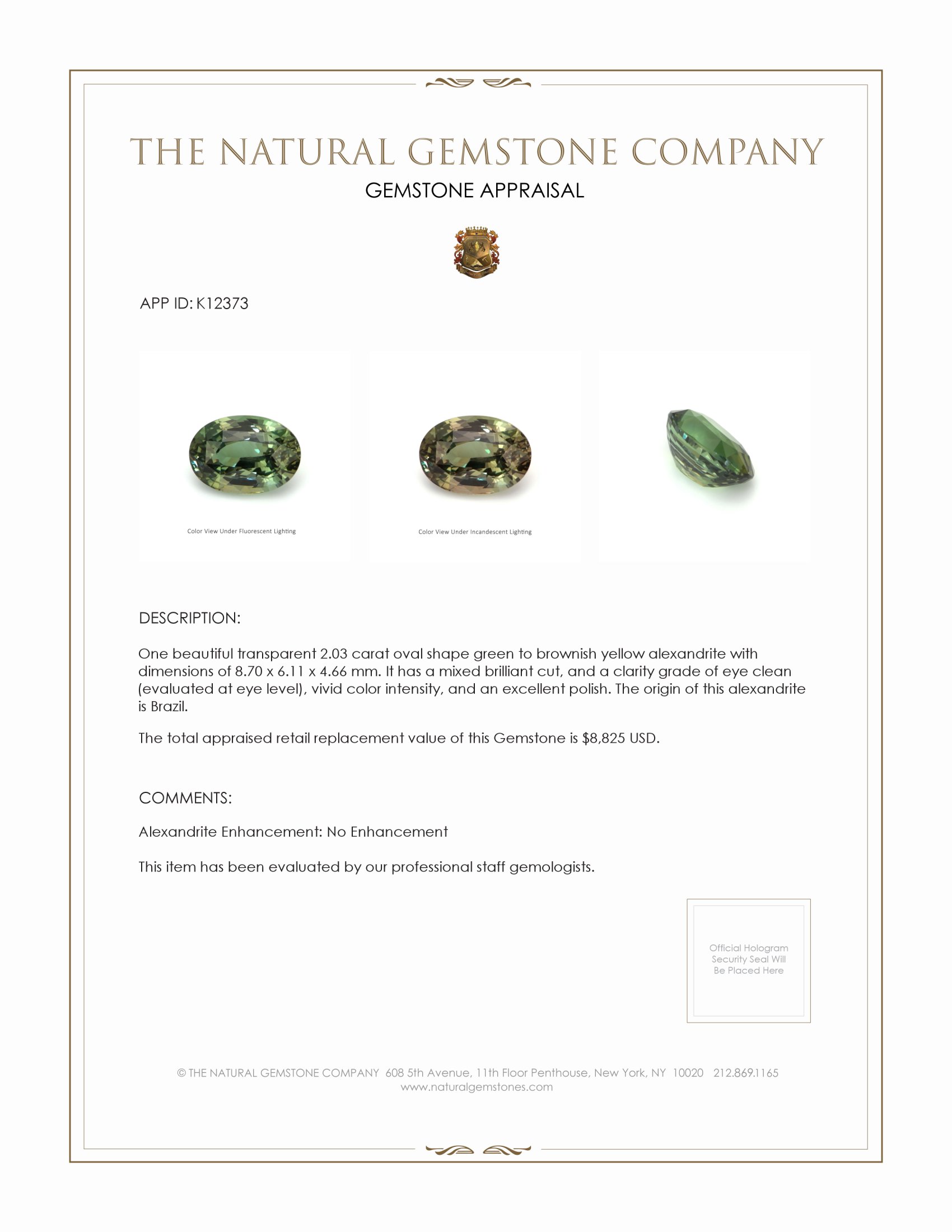 2.03 Ct. Alexandrite from Brazil