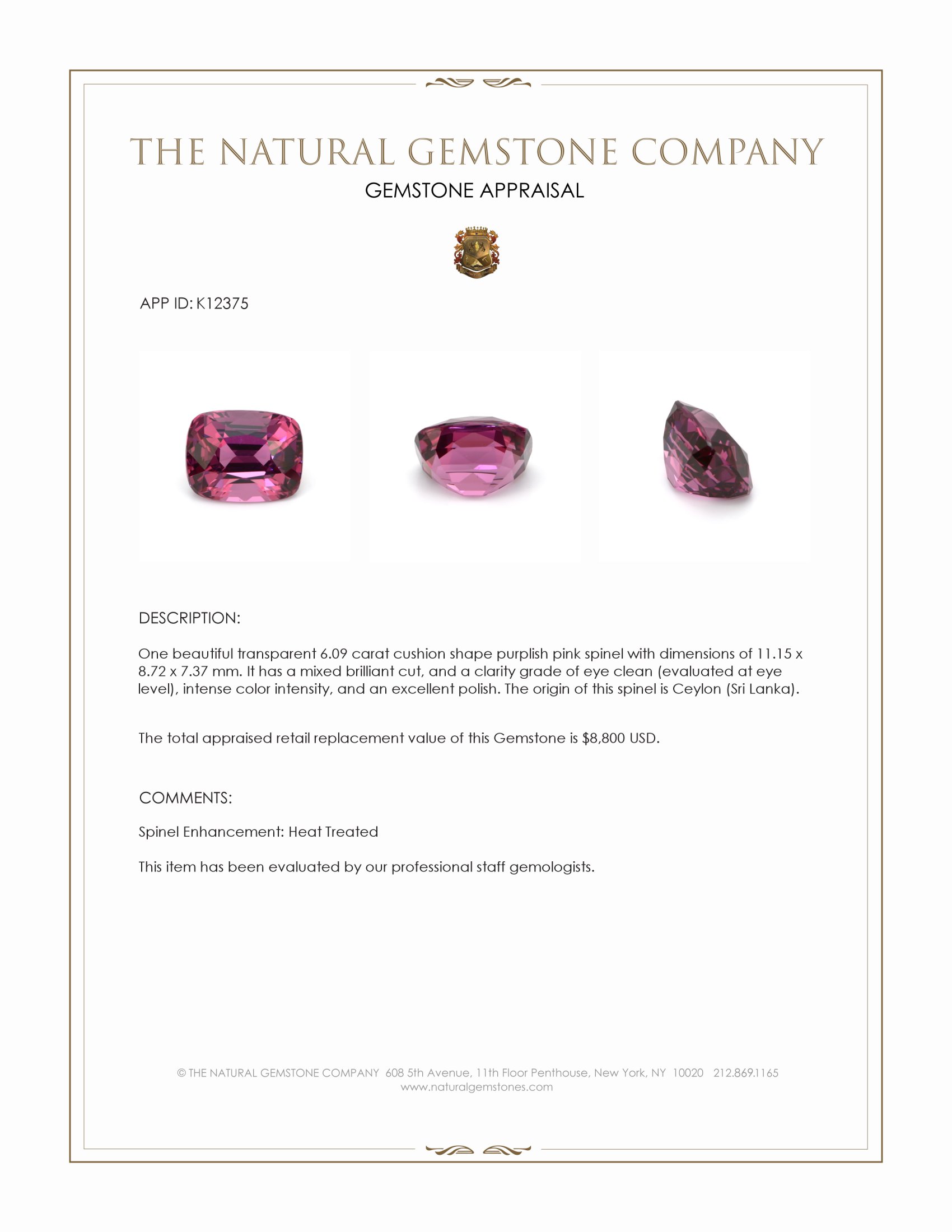 6.09 Ct. Purplish Pink Spinel from Ceylon (Sri Lanka)