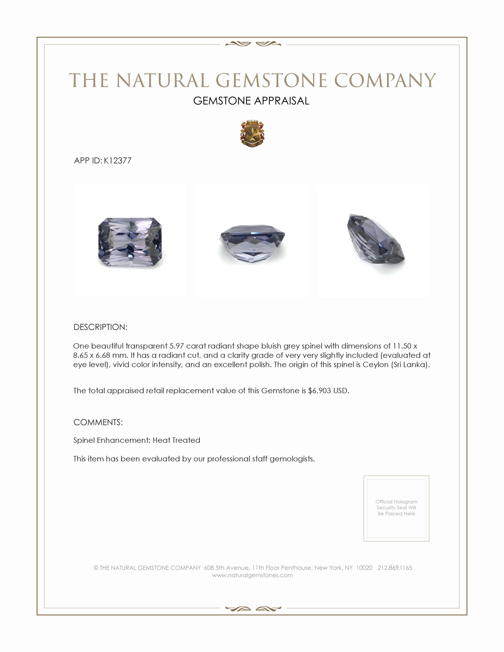 5.97 Ct. Spinel from Ceylon (Sri Lanka)