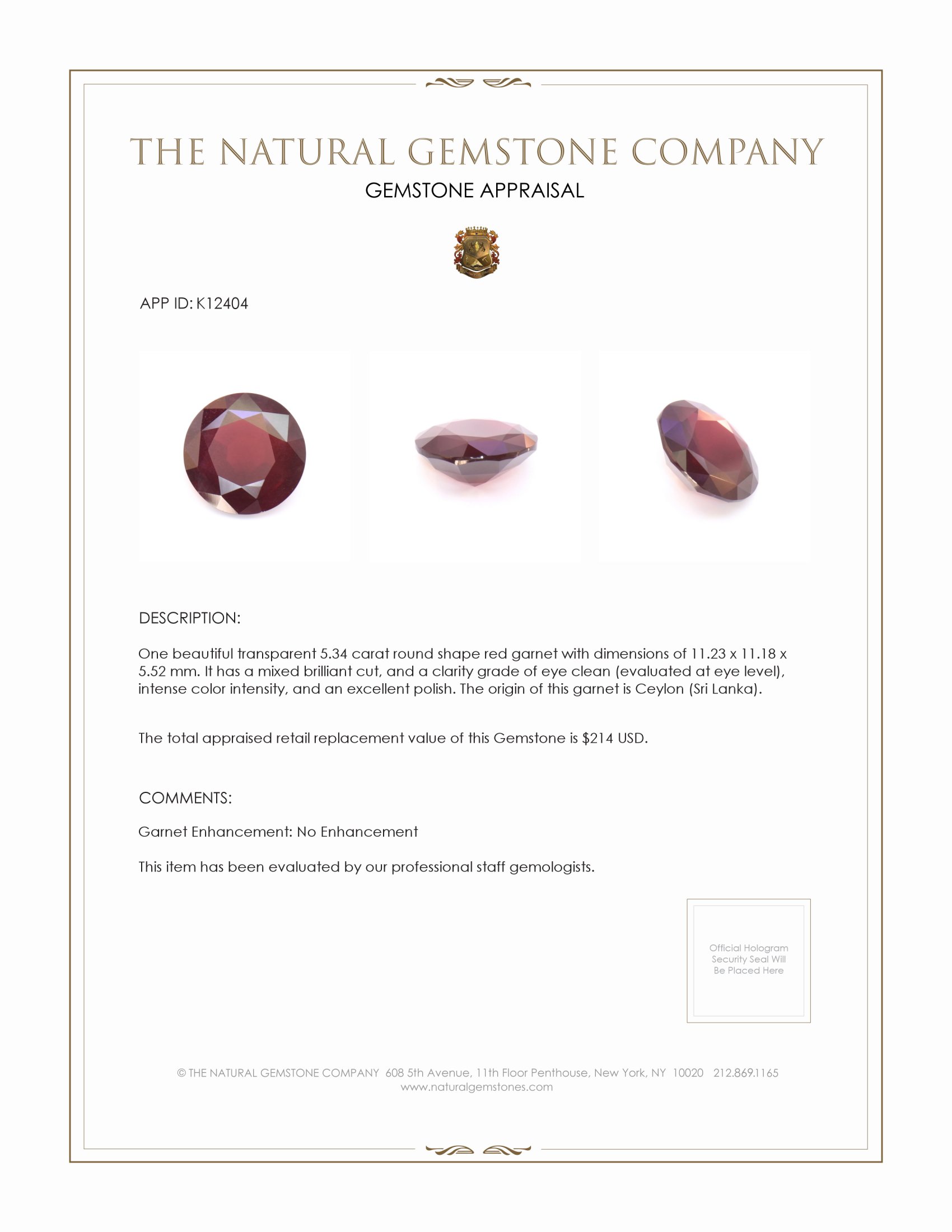 5.34 Ct. Garnet from Ceylon (Sri Lanka)