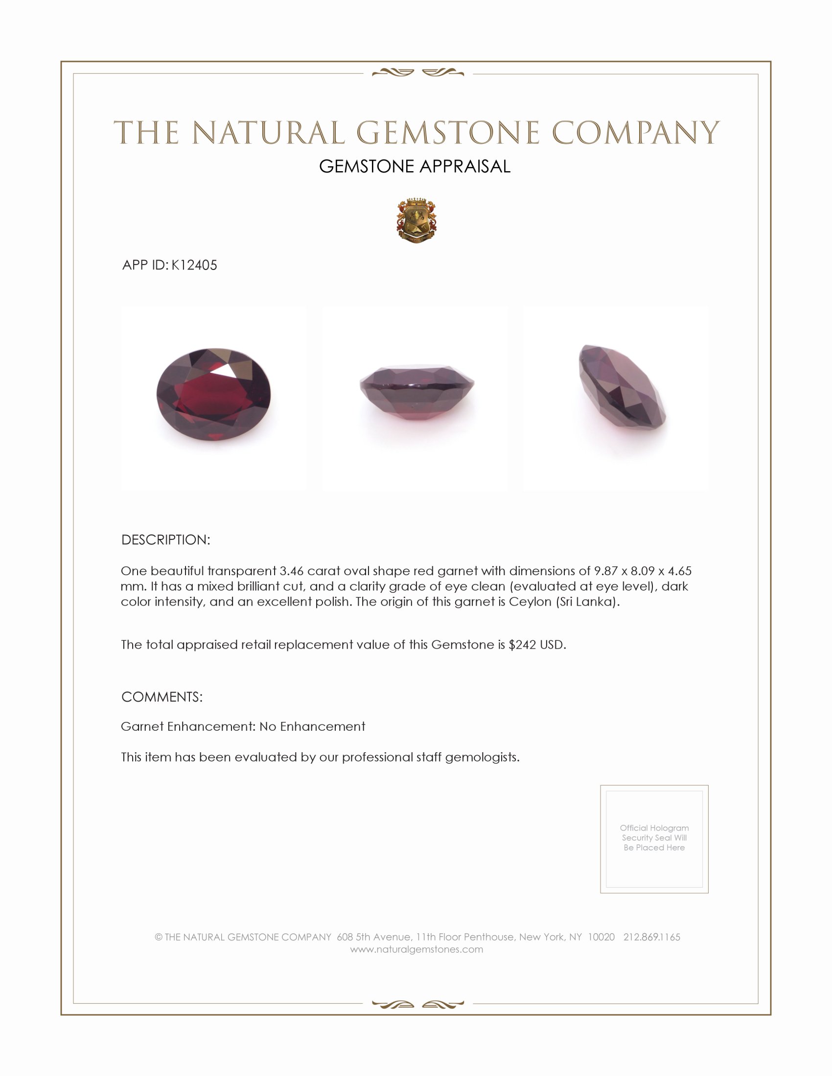 3.46 Ct. Red Garnet from Ceylon (Sri Lanka)