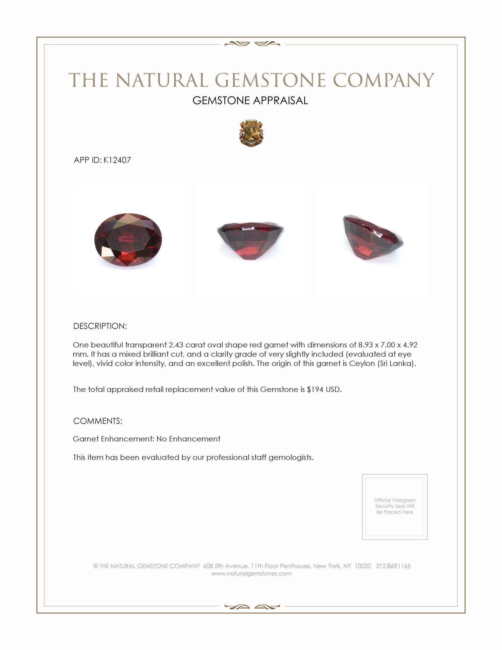 2.43 Ct. Garnet from Ceylon (Sri Lanka)