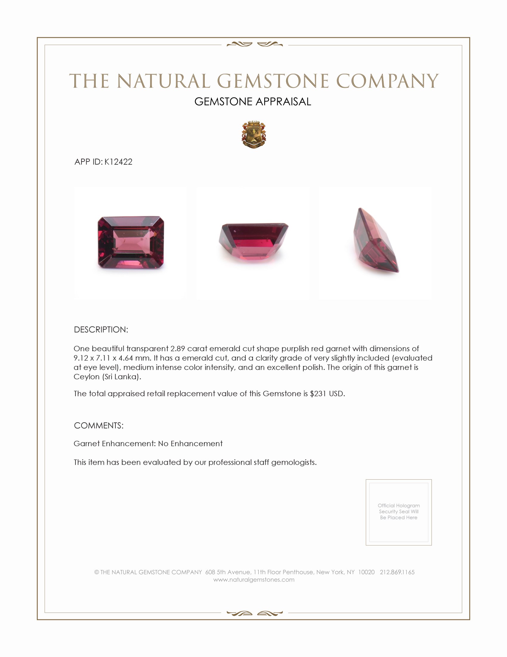 2.89 Ct. Garnet from Ceylon (Sri Lanka)