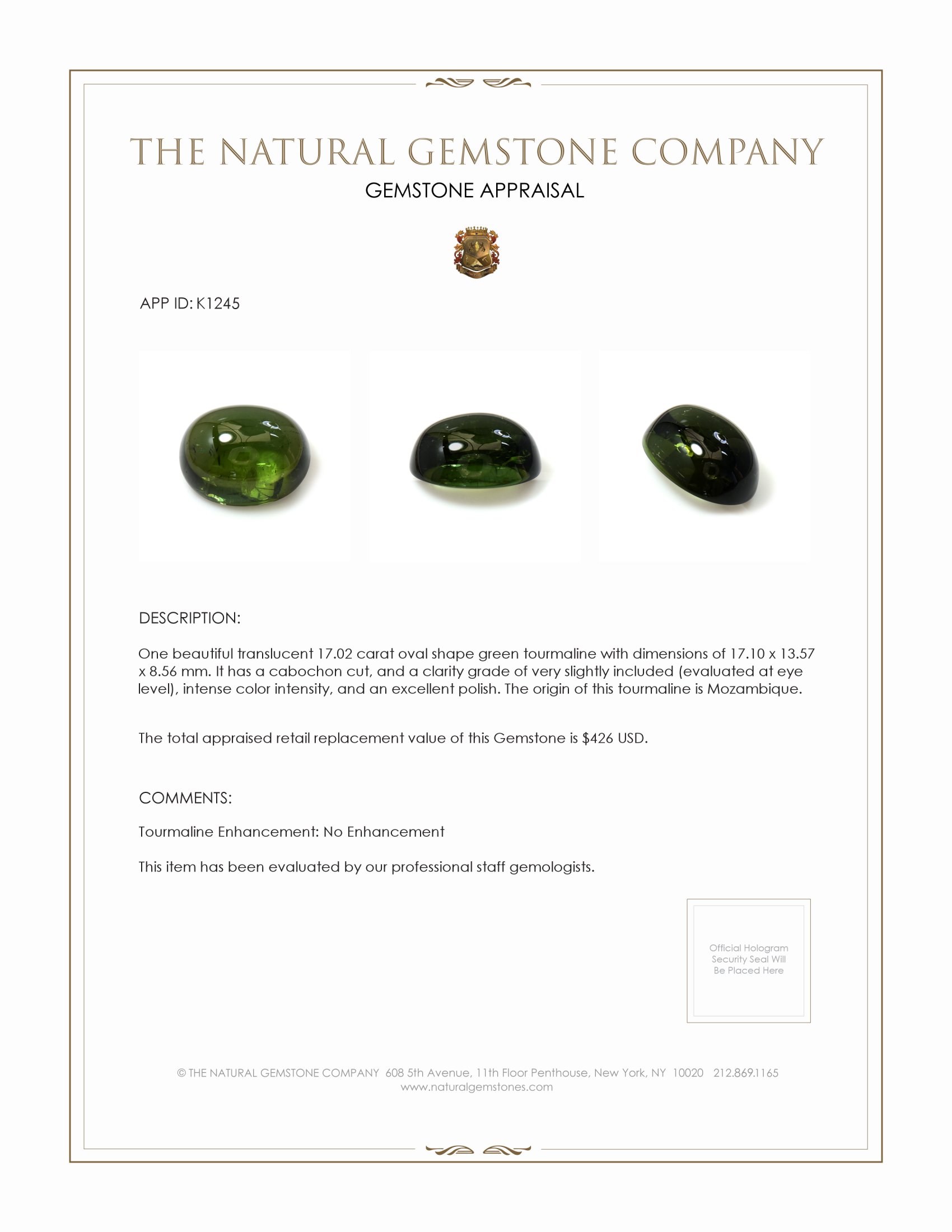 17.02 Ct. Cabochon Tourmaline from Mozambique