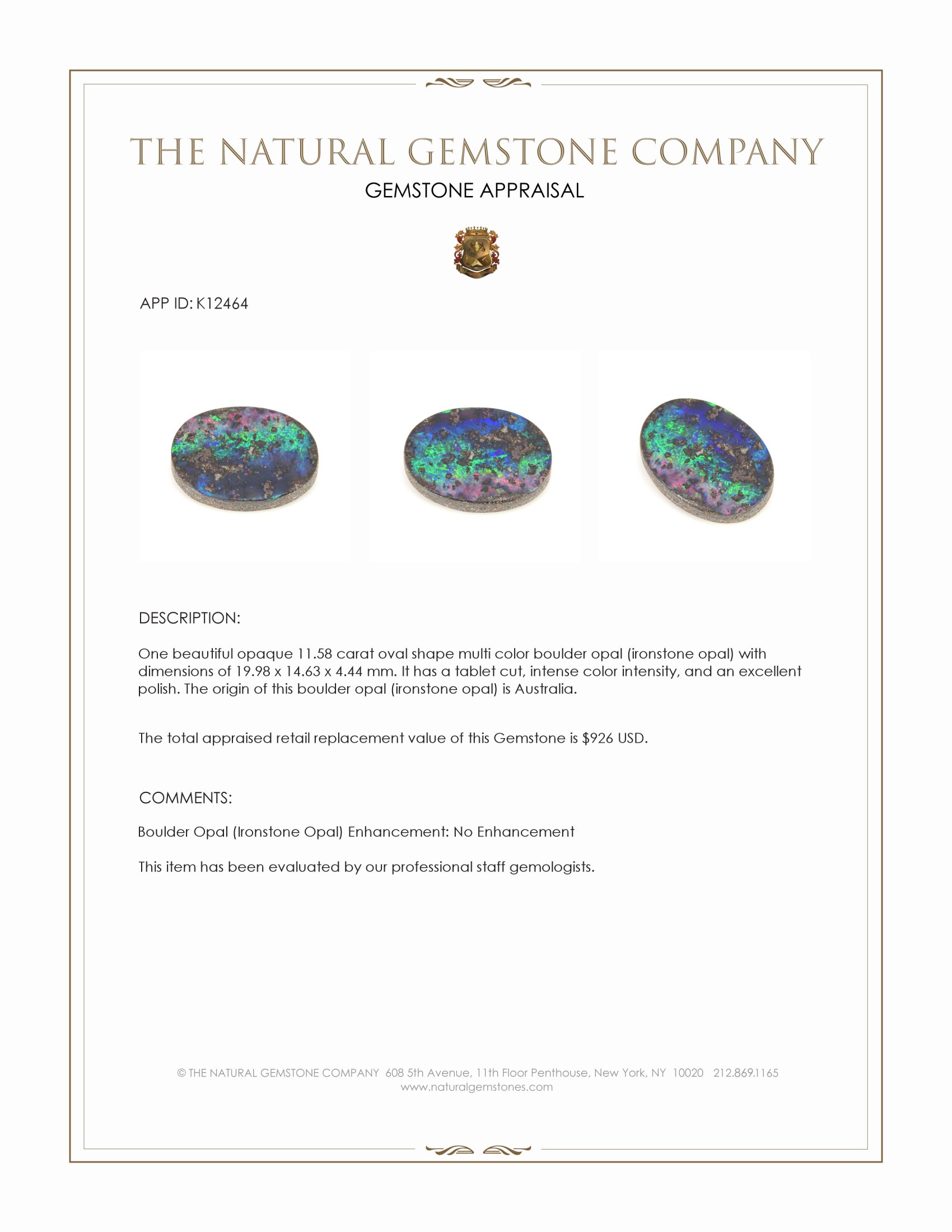 11.58 Ct. Multi Color Boulder Opal (Ironstone Opal) from Australia