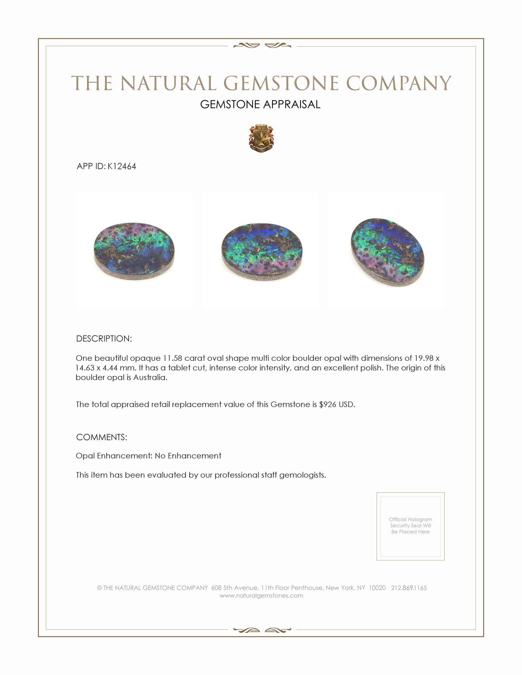 11.58 Ct. Boulder Opal from Australia