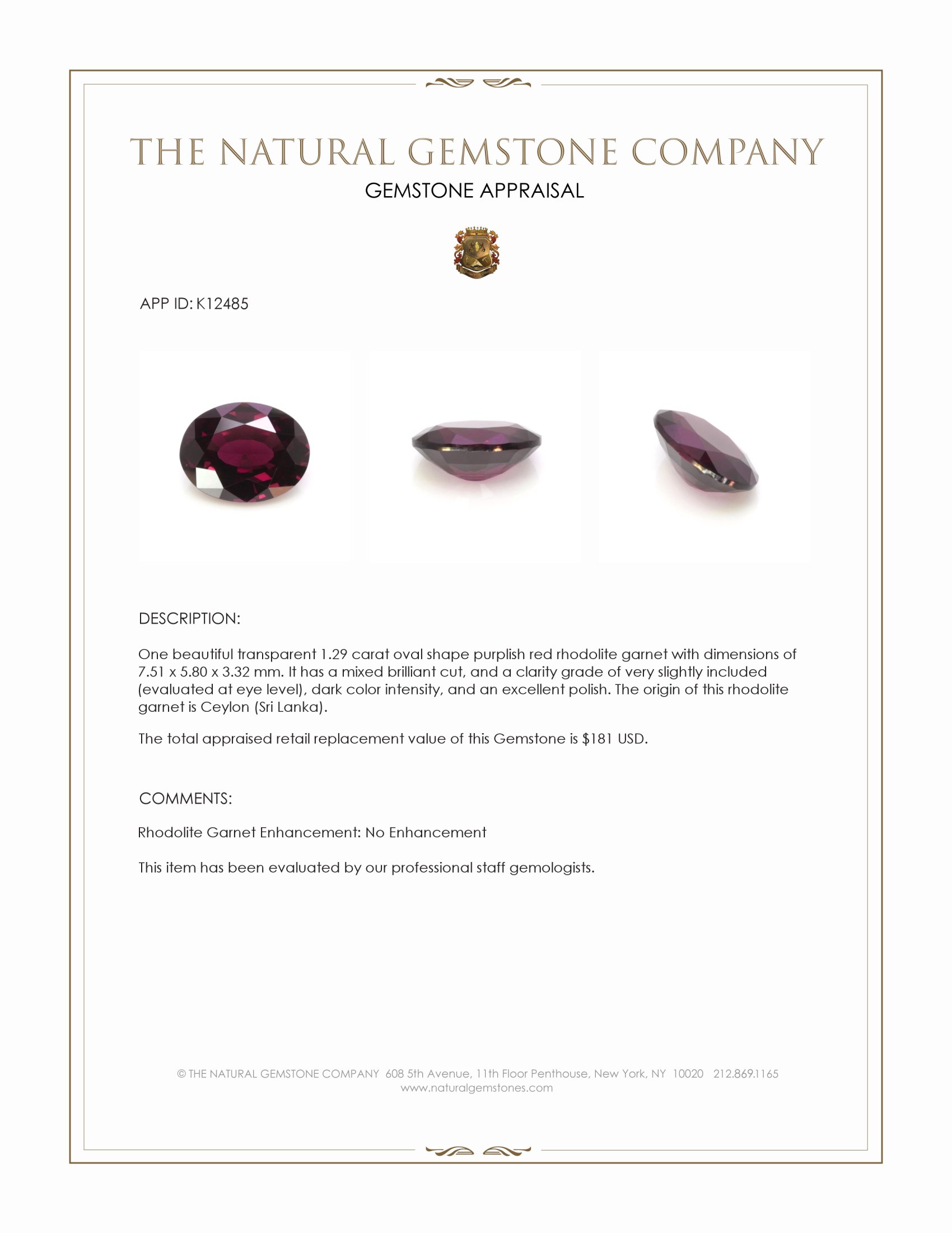 1.29 Ct. Rhodolite Garnet from Ceylon (Sri Lanka)