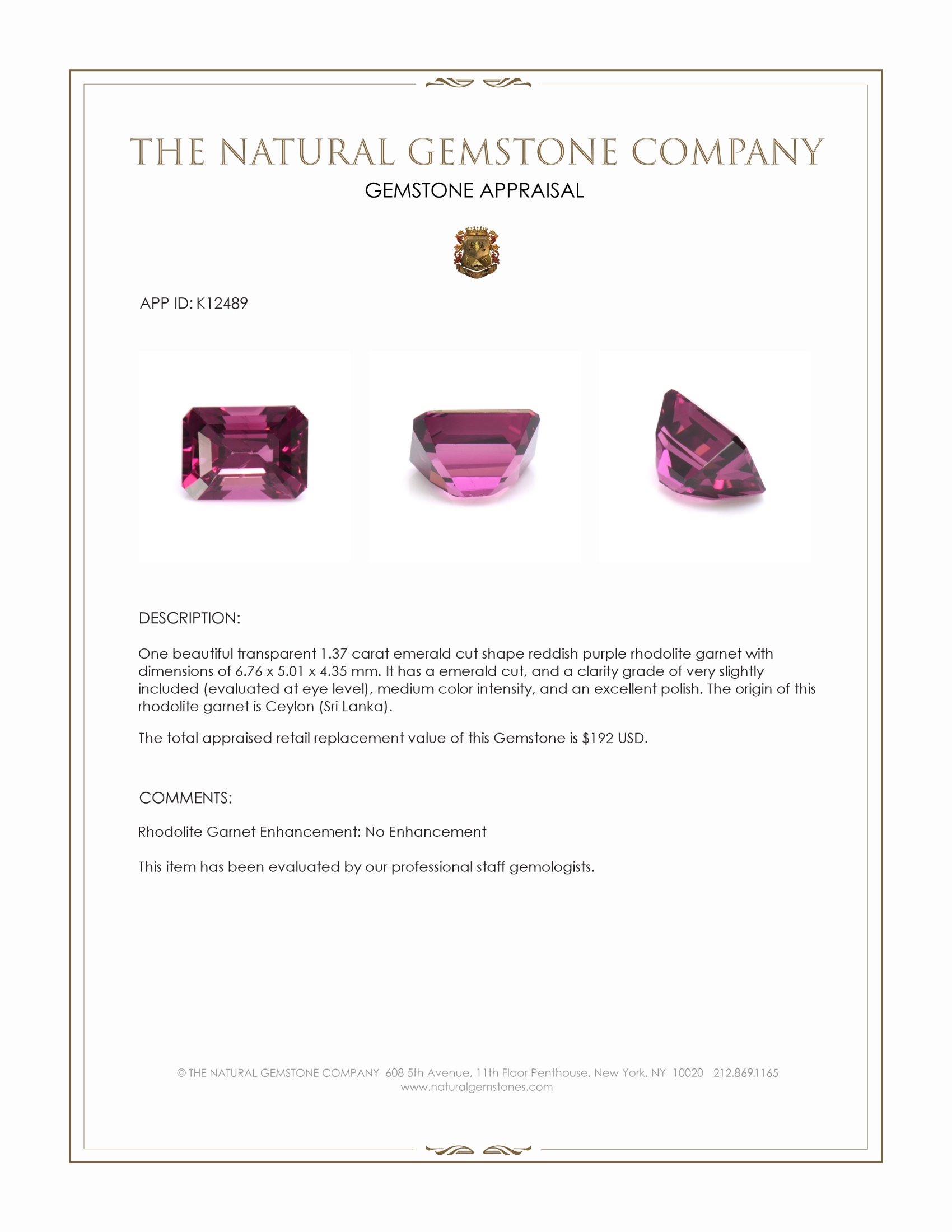 1.37 Ct. Reddish Purple Rhodolite Garnet from Ceylon (Sri Lanka)