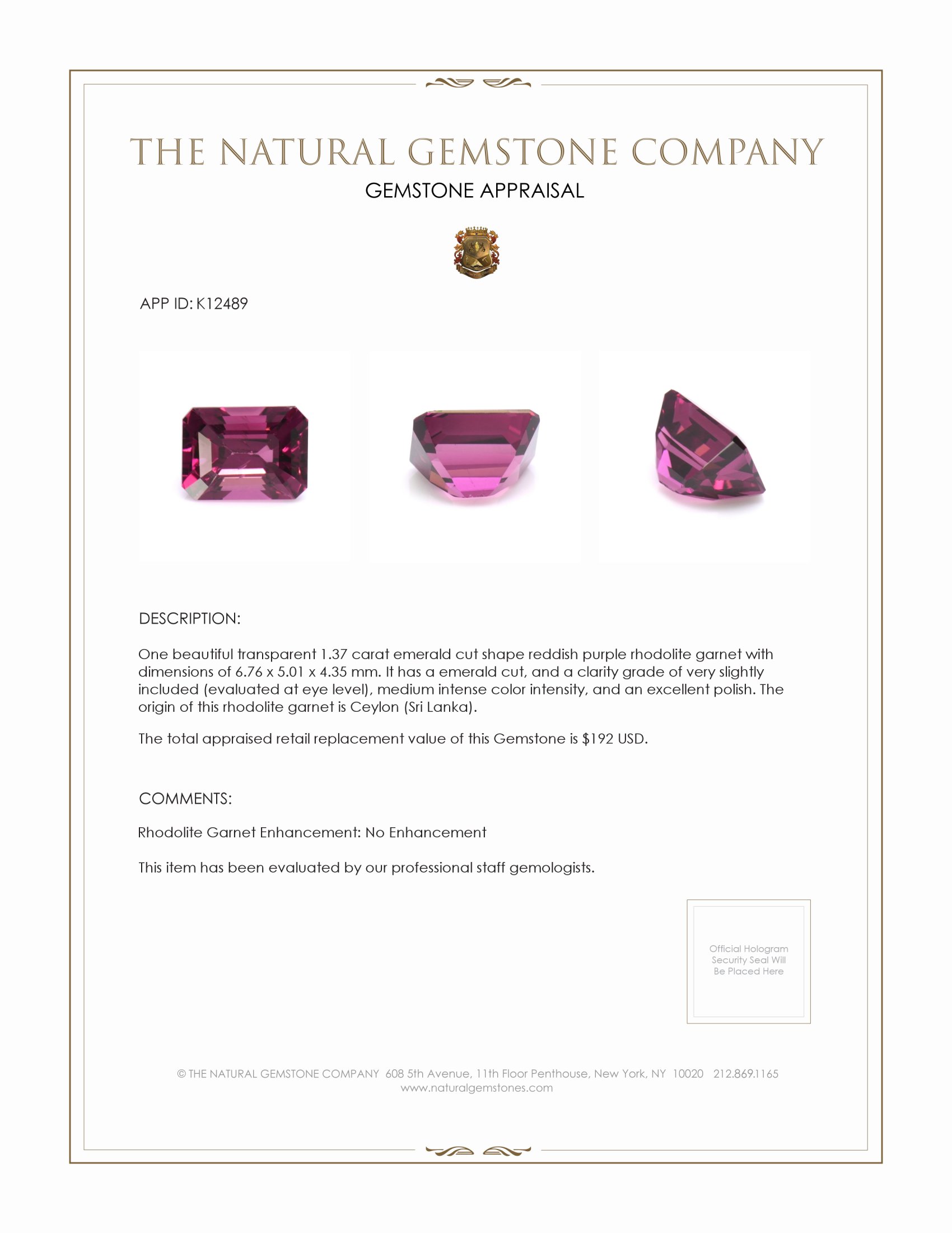 1.37 Ct. Rhodolite Garnet from Ceylon (Sri Lanka)