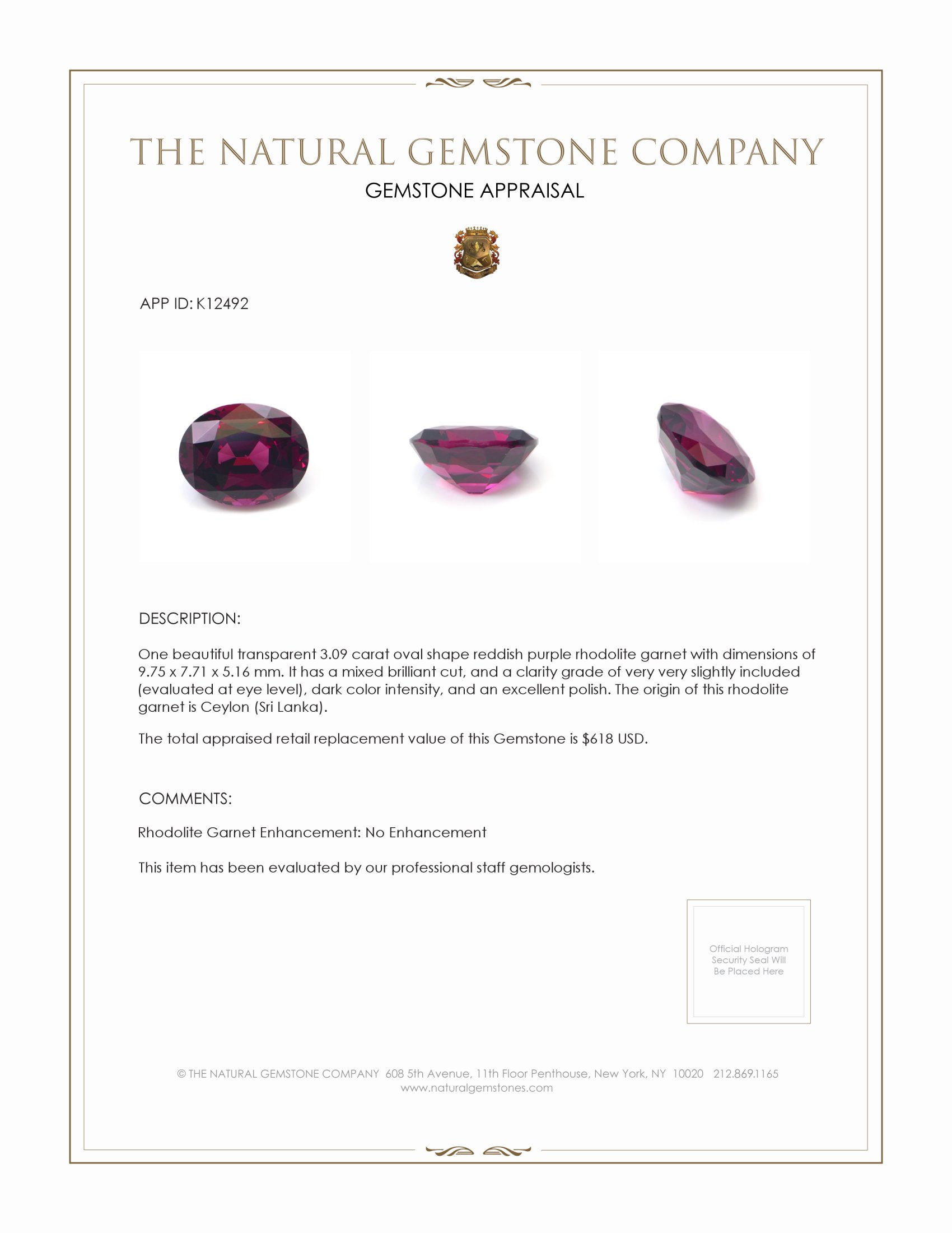 3.09 Ct. Rhodolite Garnet from Ceylon (Sri Lanka)
