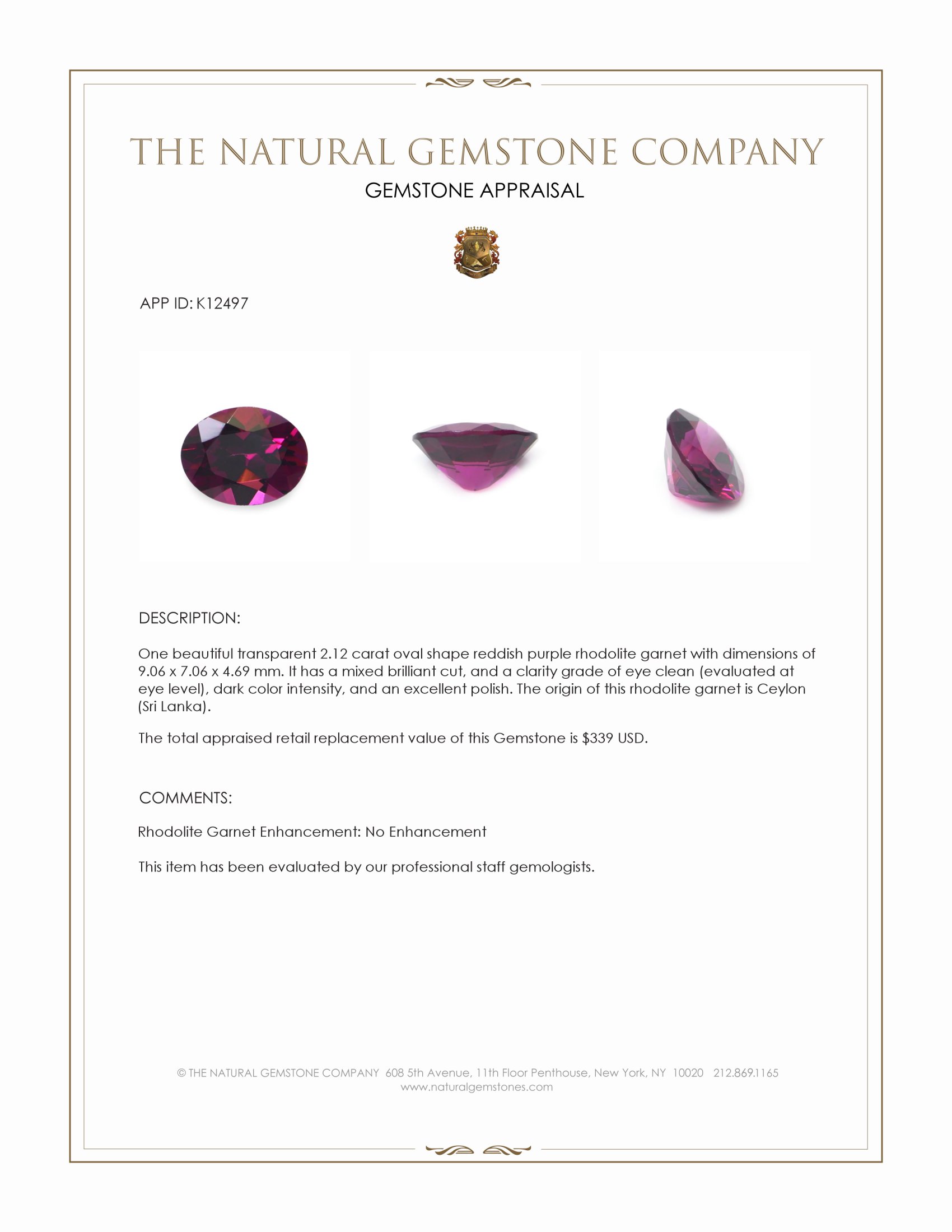 2.12 Ct. Rhodolite Garnet from Ceylon (Sri Lanka)